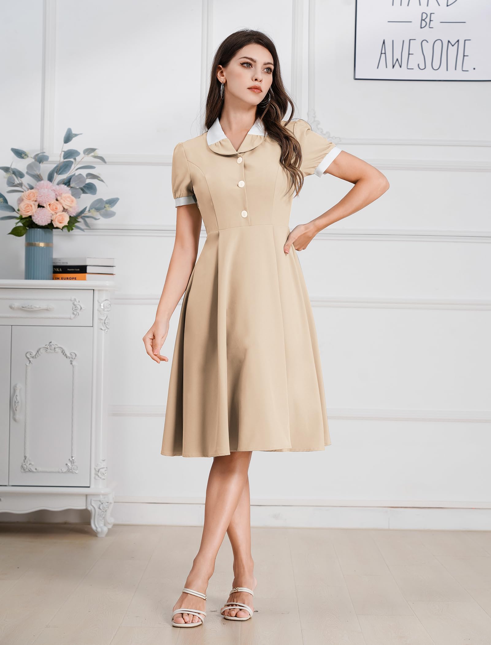 Robe vintage des années 1950 pour femme - Manches courtes - Col à revers - Style rétro rockabilly - Pour cocktail, fête