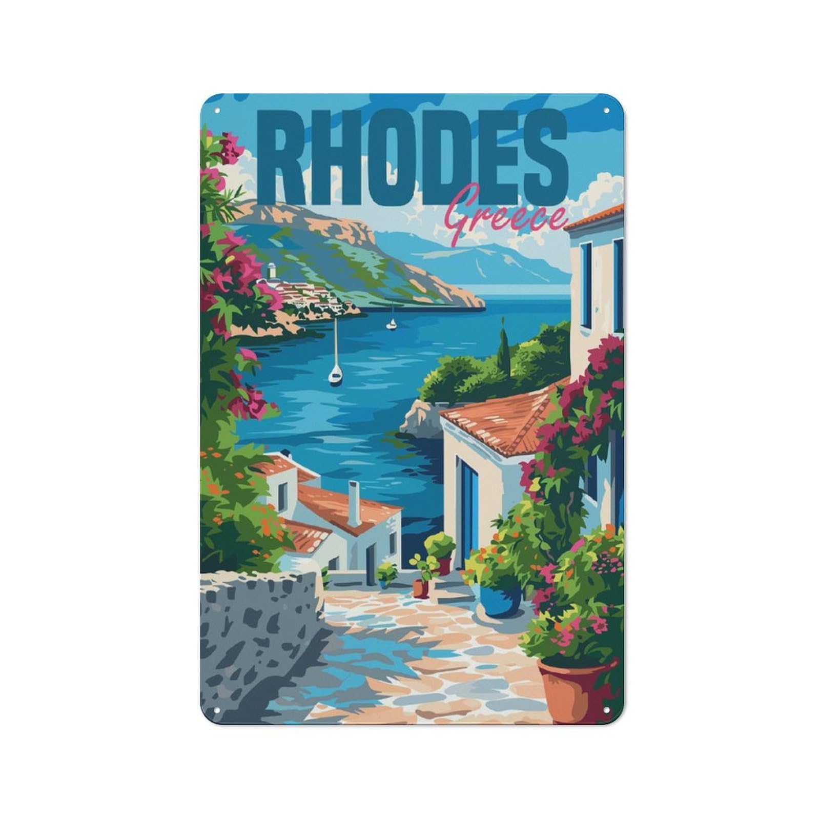 Junmoney Style-13 30X20cm Vintage Metal Sign With Rhodes Island Greece For Studio Or Craft Room, For Vintage Wall Decor Fans, For Metal Sign Collectors