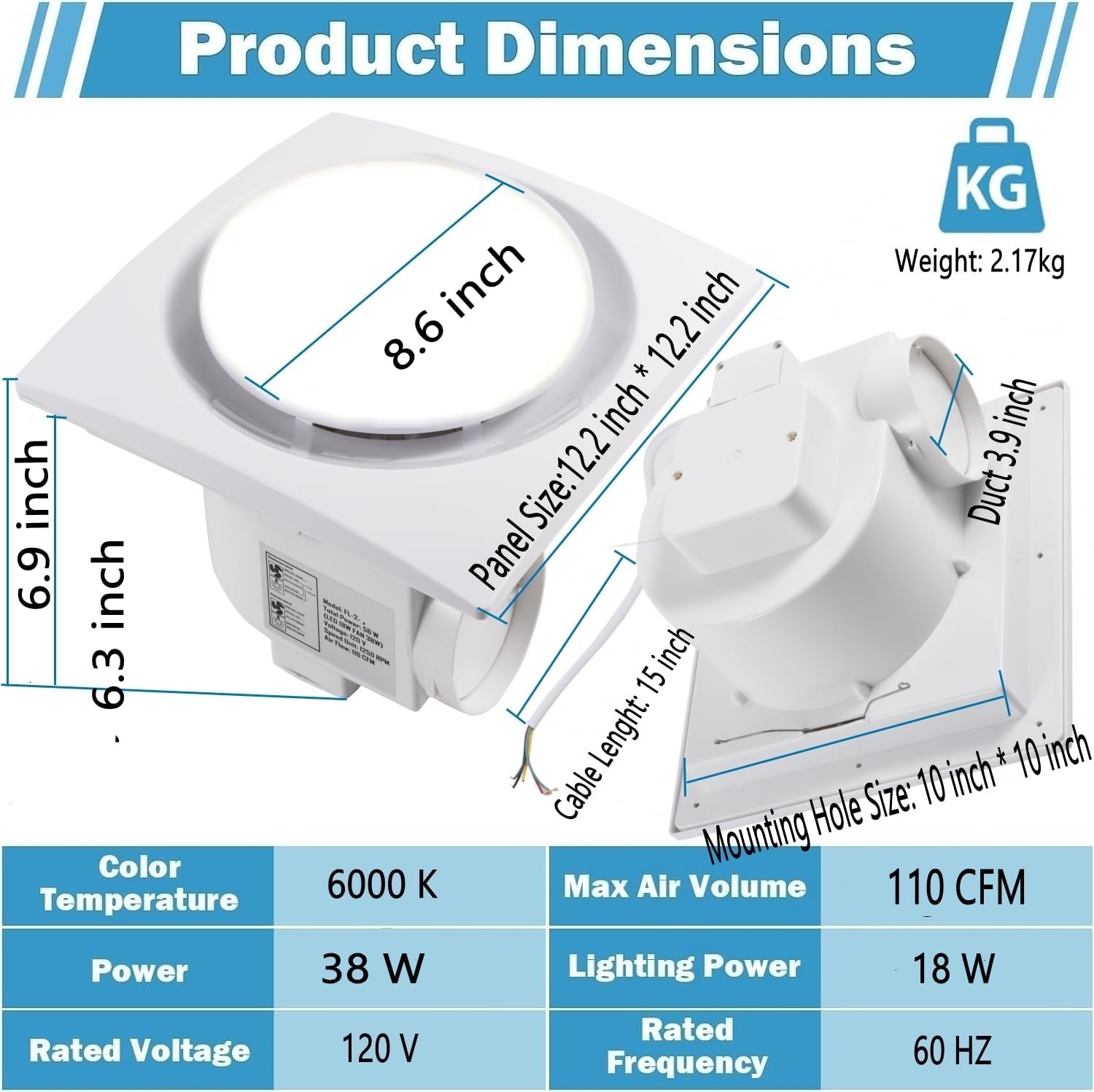 Nalle Ventilation Fans Bathroom Exhaust Fan with Light 12 inch Panel 6000K 18W Round LED 110 CFM 1.0 Sones 4 Inch Duct,110V Ceiling Mount Exhaust Fan for Shower,Bathroom,Office,Home (YFL-250)