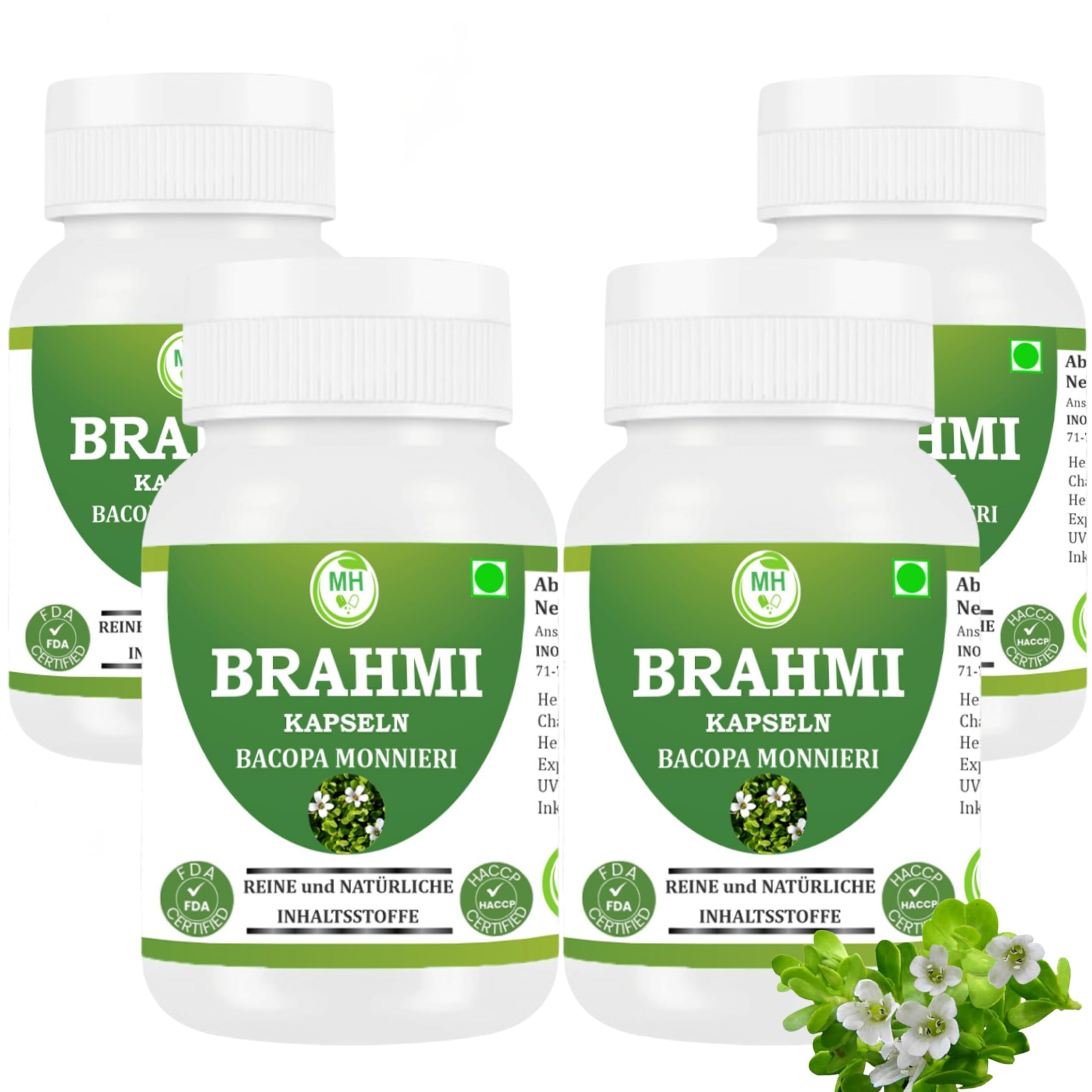 Brahmi (Bacopa monnieri) 500 mg, 240 Capsule Vegane, Confezione da 4, Integratore Alimentare Naturale a Base di Erbe, Puro e Naturale, Senza Additivi