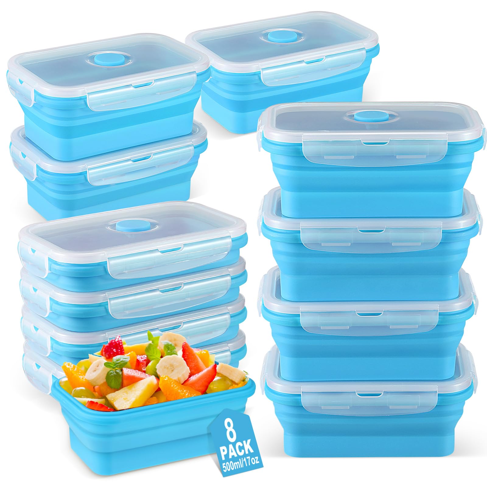 Mifoci Juego de 8 recipientes plegables de silicona para almacenamiento de alimentos, recipiente cuadrado con tapas de ventilación, apto para microondas, congelador y lavavajillas (azul)