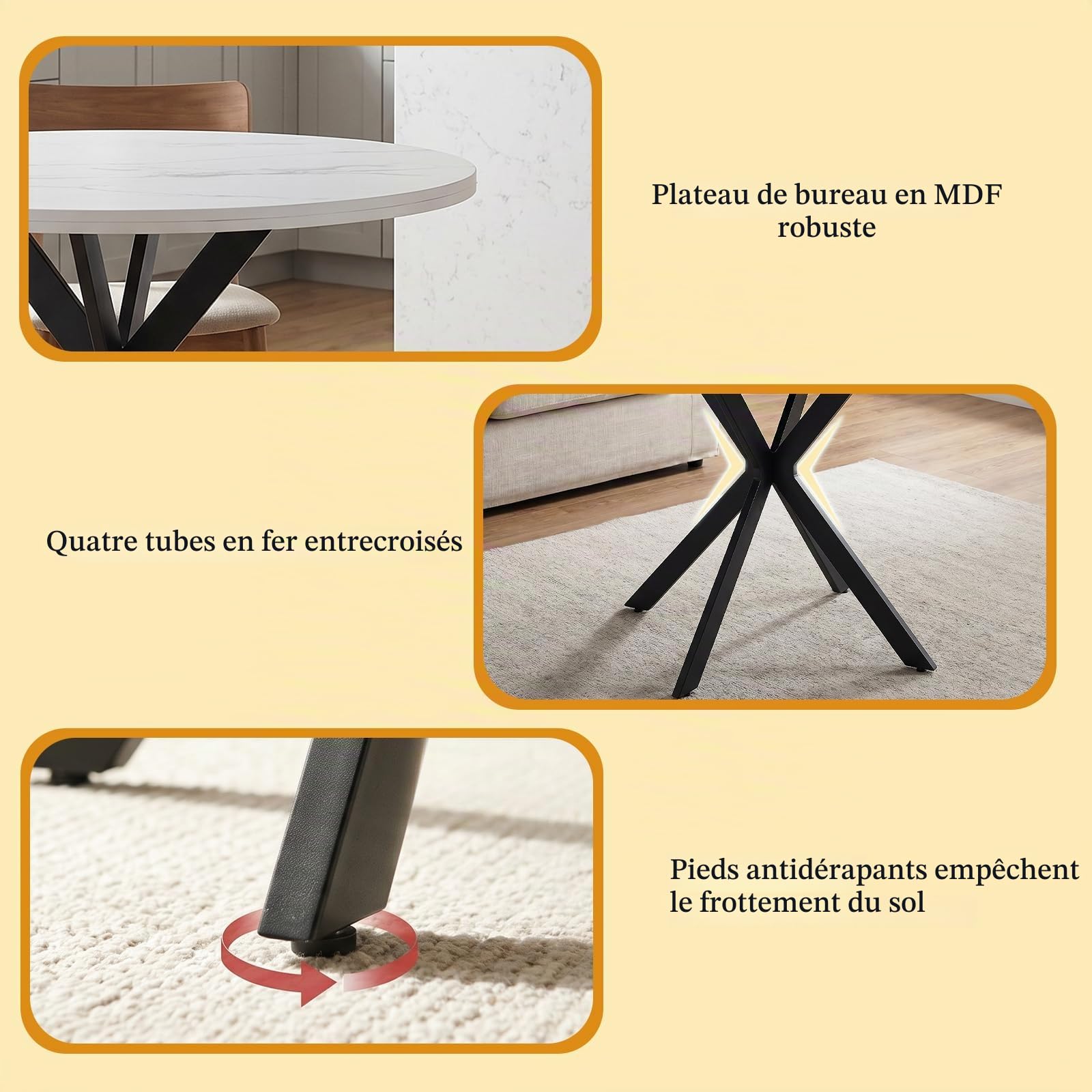 Table à Manger Ronde 100cm,Table de Cuisine en Bois Blanc Aspect Marbre,Salle à Manger,Cuisine,Ronde Bois,Plateau MDF Épaissi 3cm, pour 4-6 Personnes,100x100x75cm,Blanc