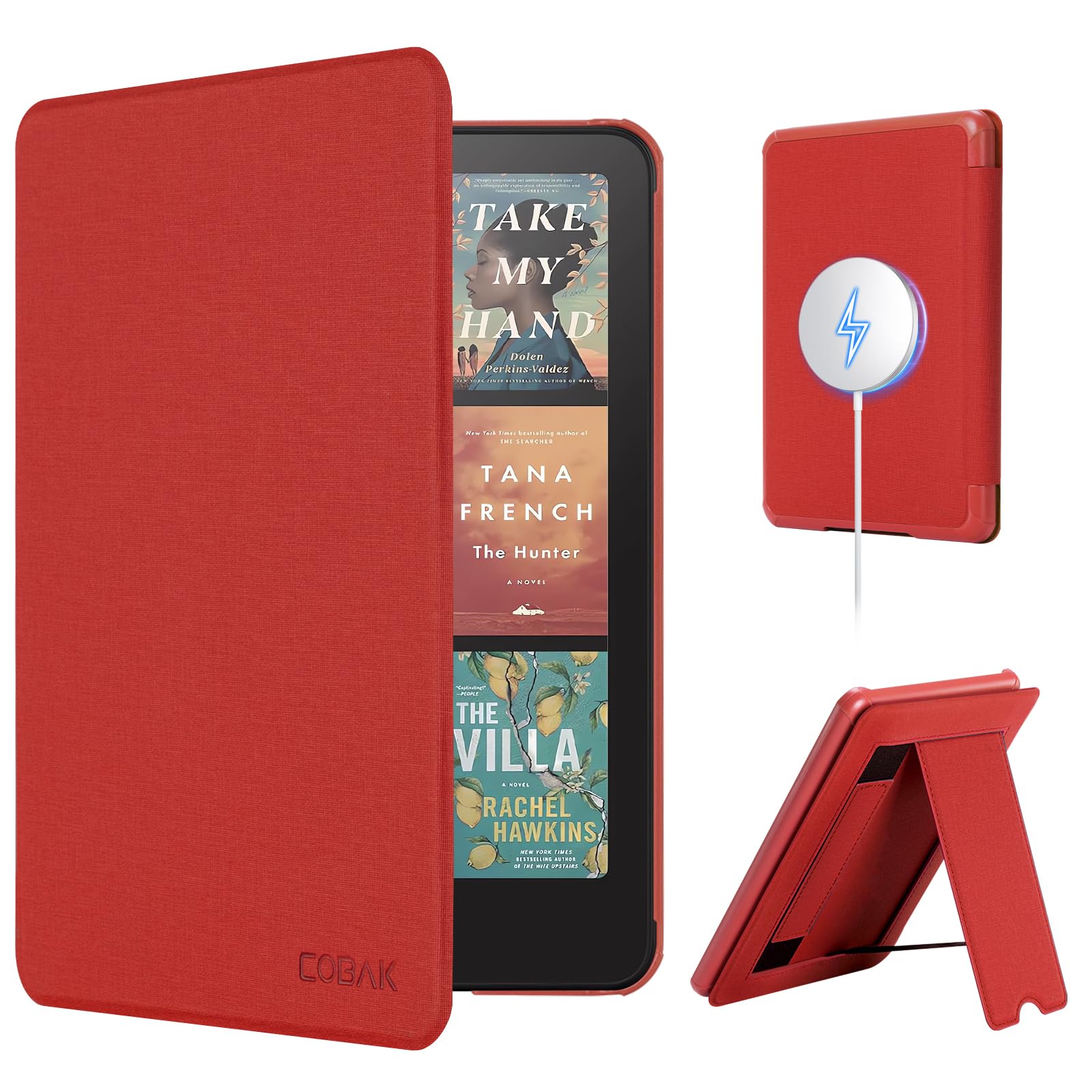 CoBak Lightweight Stand Case for 7" 12th Gen 2024 and Colorsoft with Right Hand Strap - Compatible with iPhone MagSafe, for Samsung/Belkin/Anker Wireless Charging Pads,Red