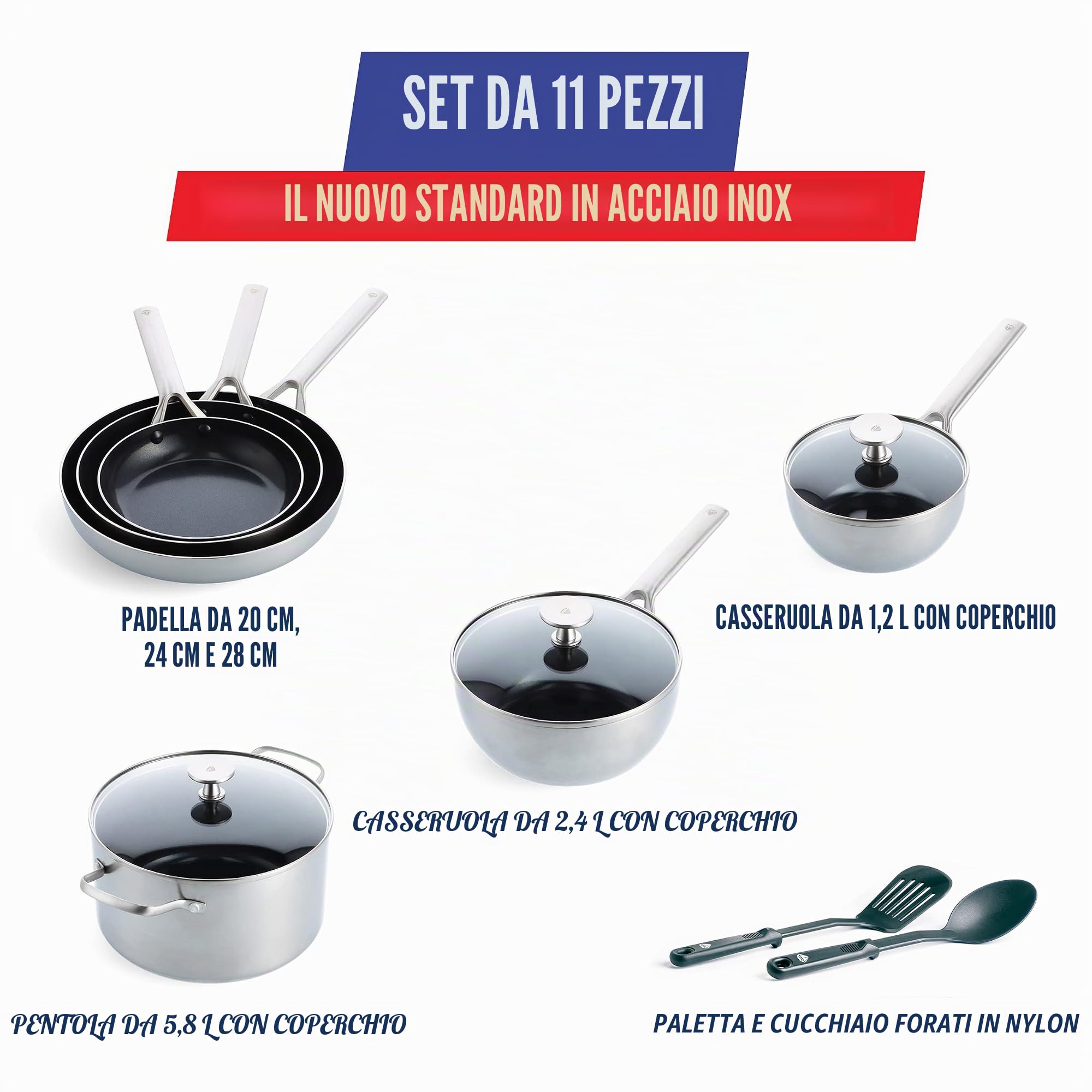 Blue Diamond Cookware Triple Steel Set Di Pentole Antiaderente in Acciaio Inox in Ceramica Rinforzata con Diamanti,11 Pezzi,Include Padella,Senza PFAS,Multistrato,Induzione,Forno,Lavastoviglie,Argento