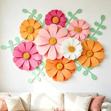 SUNBEAUTY Daisy Paper Flowers Party Decorations, Party Flower Decorations, Orange Yellow Flowers Wall Hanging, 1st Birthday Bridal Baby Shower Wedding Classroom Tea Party Daisy Decor