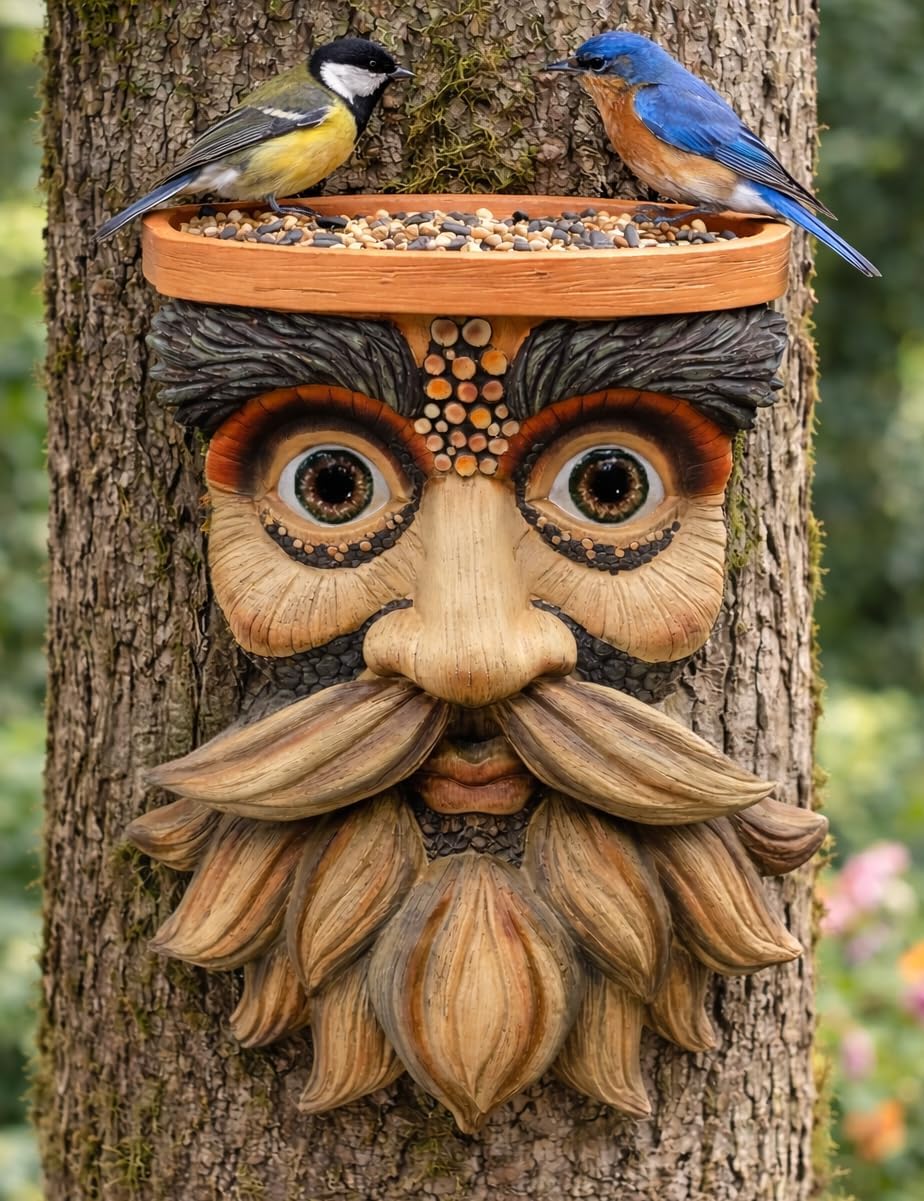 VEOJEIN Tree Face Decor Outdoor Bird Feeder – 11 x 8 Inch Resin Nature Hugger Sculpture with Bird Seed Bowl – Weatherproof Garden Art Statue with Hooks & Hangers – Funny Tree Face Yard Decoration