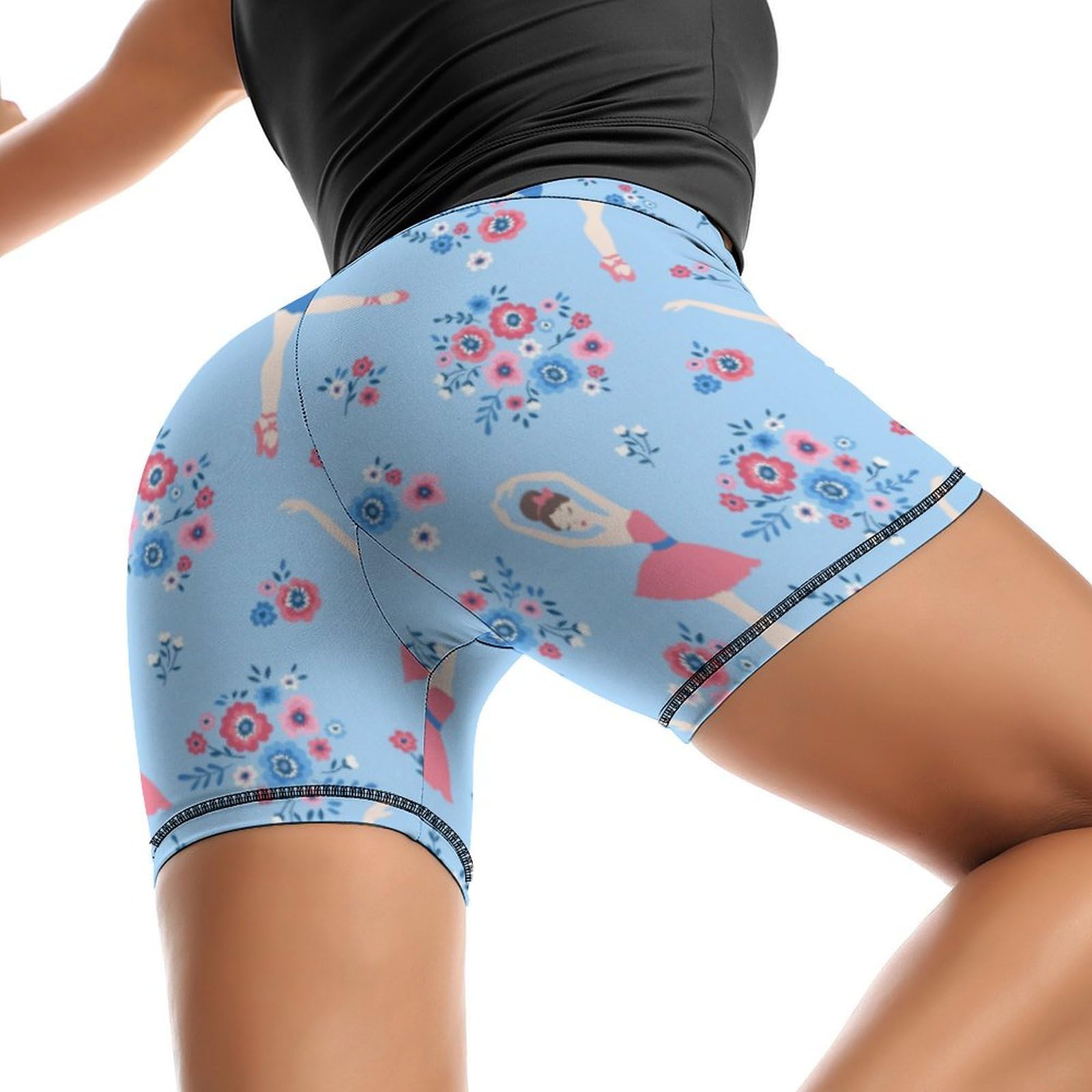 JYYAU Ballet Girl and Flower Pattern High Waist Yoga Shorts for Women Athletic Shorts Leggings Running Pants Black