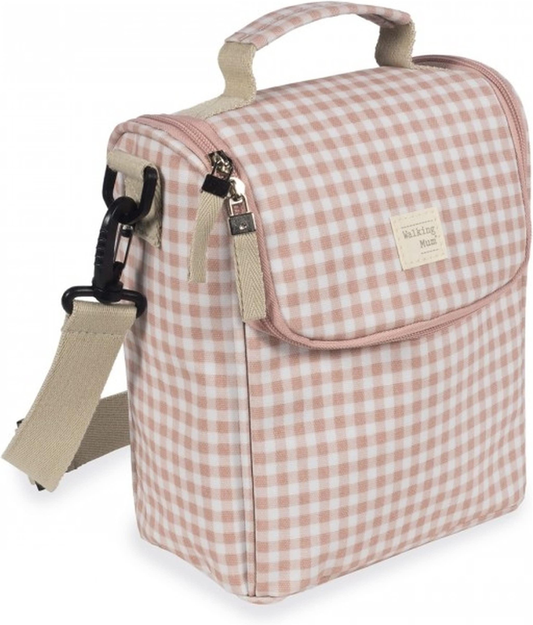 Walking Mumi Love Vichy Isothermal Bag for Baby Food, Large Capacity, Versatile Design with Short Handle and Shoulder Strap, Pink Measures 26 x 23 x 12 cm.