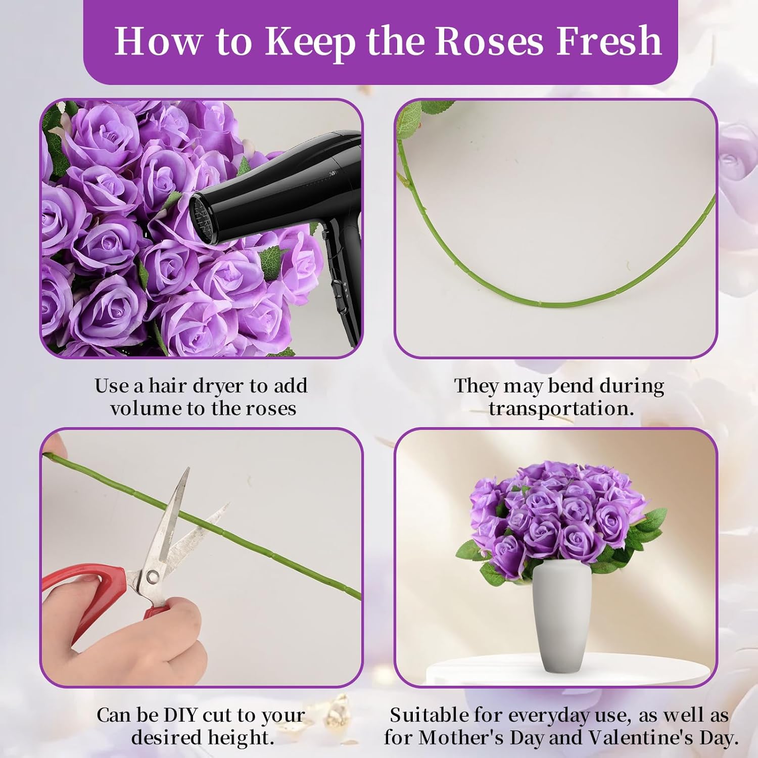 48 Pcs Silk Purple Rose Bouquet Bridal Artificial Flowers, Fake Rose Long Stem Realistic Artificial Flowers for Wedding Arrangement Centerpiece Party Decor (48 Purple)