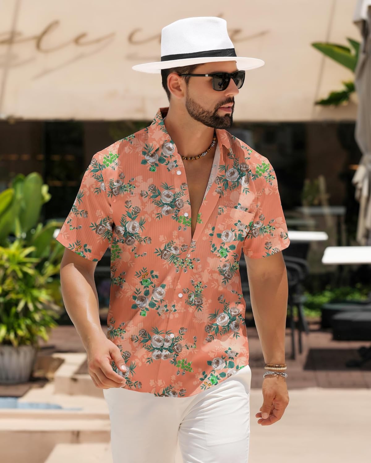 BOJIN Men's Hawaiian Wrinkle Free Floral Short Sleeve Button Down Beach Tropical Shirts with Pocket - Image 3