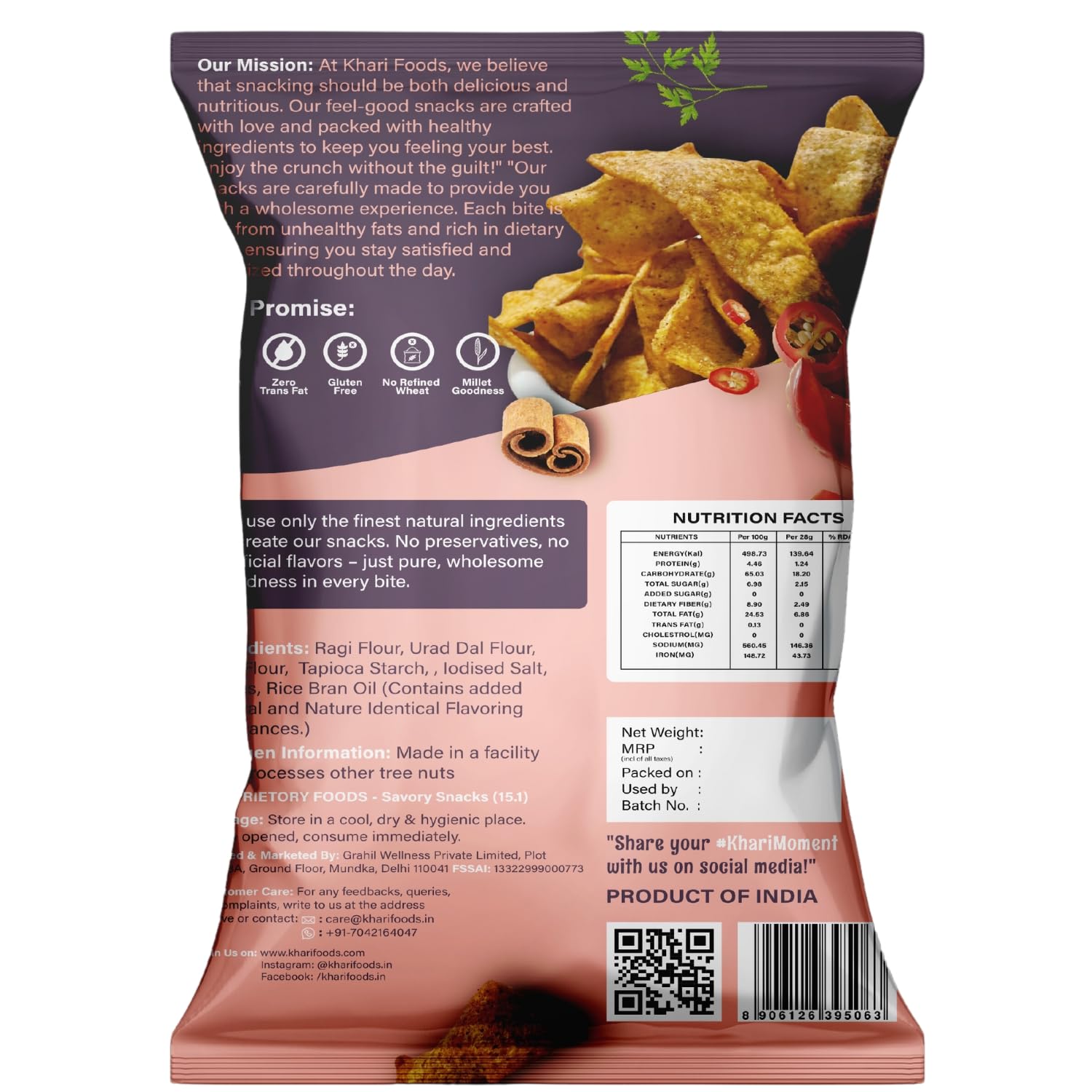 Khari Foods Ragi Crispies, Tandoori Flavoured Chips, No Palm Oil, No Maida, Millet Goodness, Fibre Rich, Zero Cholestrol, Gluten Free Vegan Snacks (50g x 4 Combo) - Image 6 thumbnail