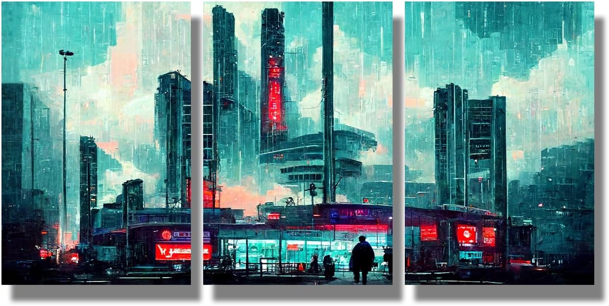 LSIUHWUWI 3 Panel Cyberpunk Style Wall Art Futuristic Scifi City Downtown at Night Full of Neon Lights Wall Art for Living Room Office Posters and Prints Framed Ready to Hang 36x16 inch