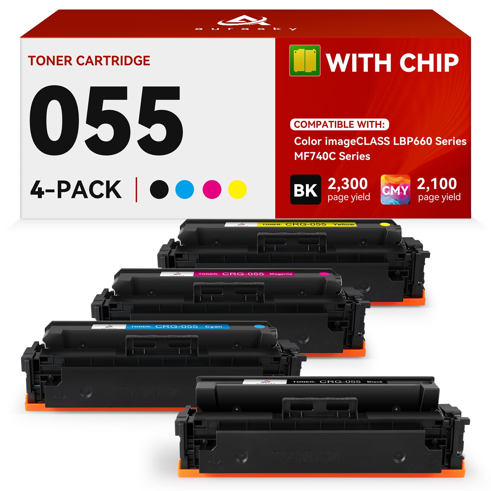 055 Toner Cartridge Replacement for Canon 055 Toner Cartridge Compatible with Color ImageCLASS LBP664Cdw MF741Cdw MF743Cdw MF745Cdw MF746Cdw Printer (with Chip, 4 Pack)