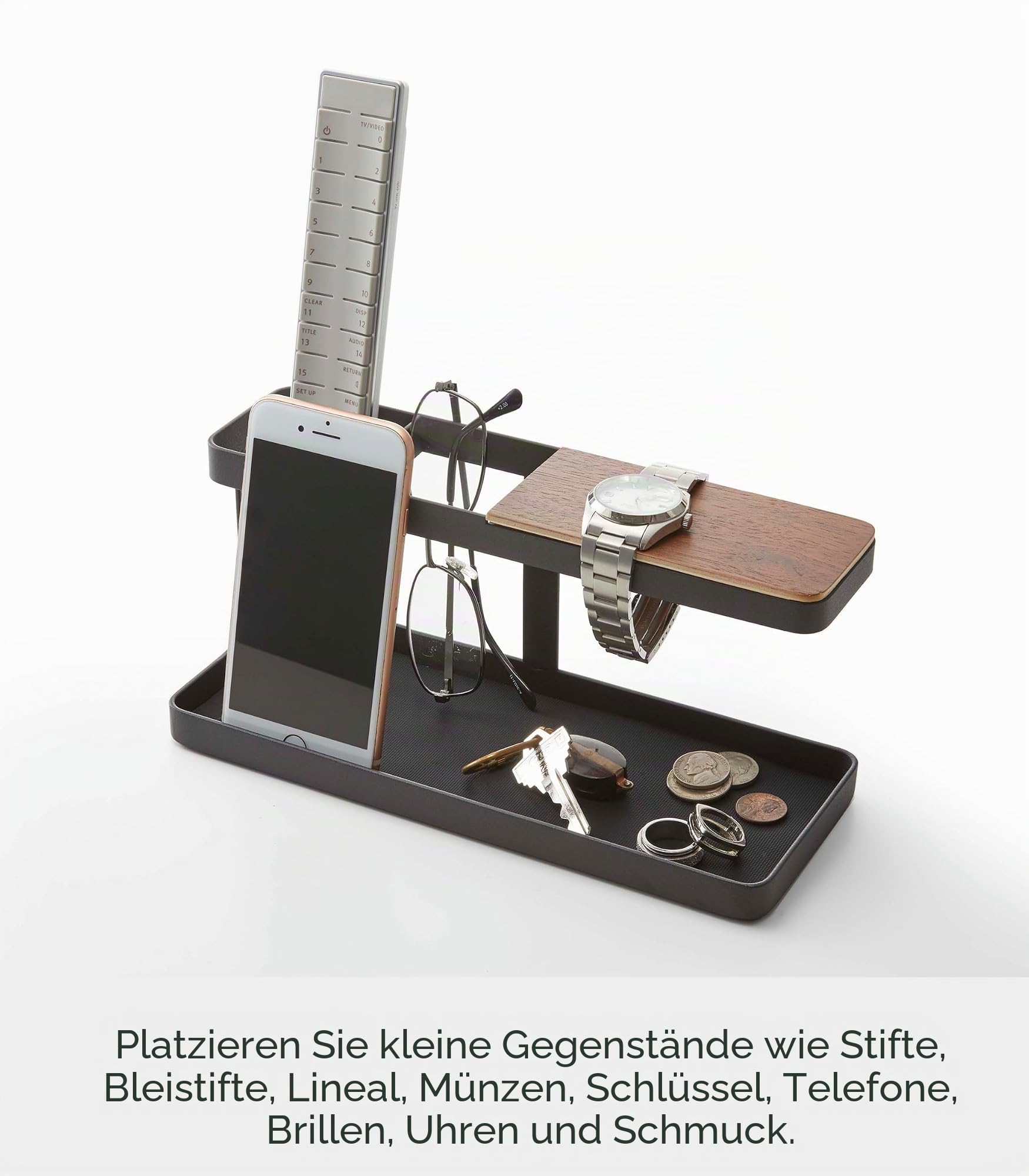 YAMAZAKI 2300 TOWER Schreibtisch-Organizer, schwarz, Stahl/Holz/Synthetischer Kautschuk, minimalistisch, 9,7 x 24,5 x 11,3 cm (L x B x H)