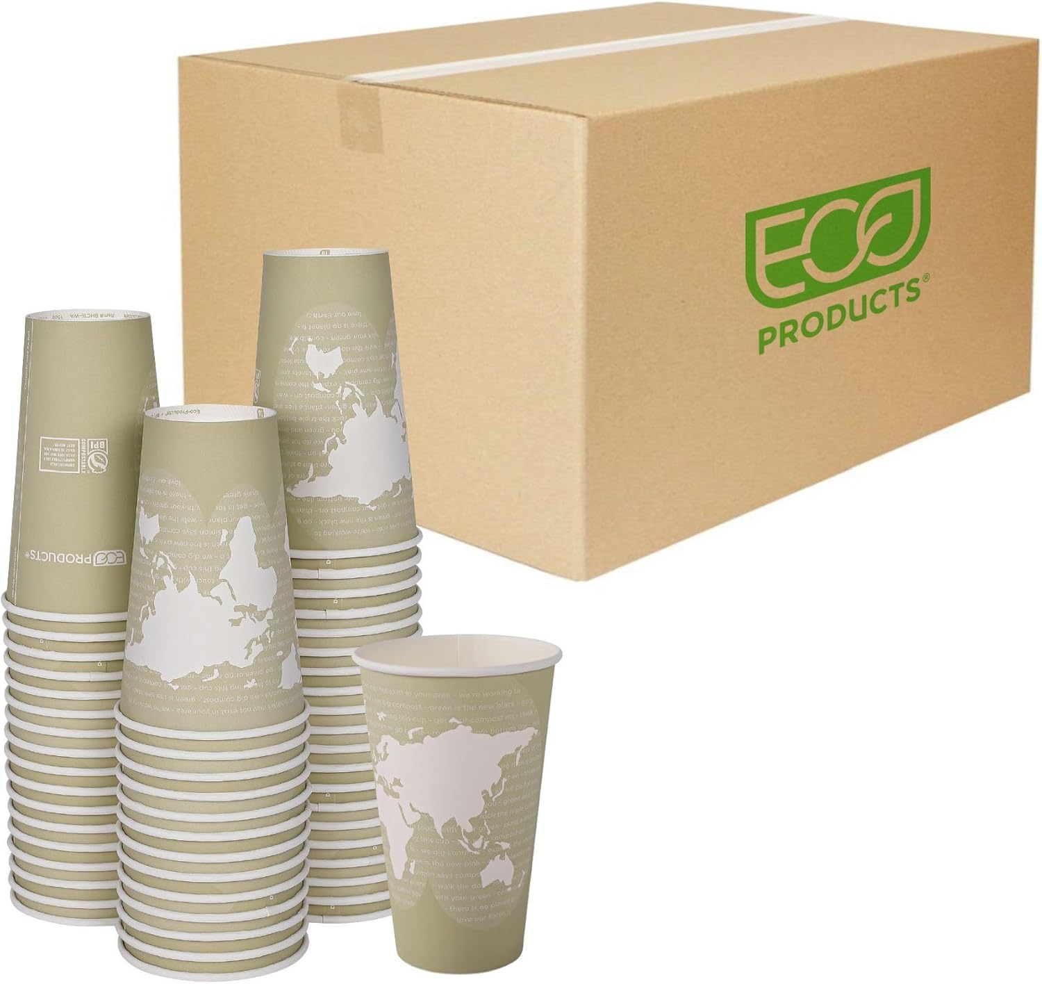 ECO PRODUCTS Compostable Disposable World Art 16oz Large Coffee Cups, Case of 1000, Renewable Hot Paper Cup, Plant Based PLA Lining, Color Coded