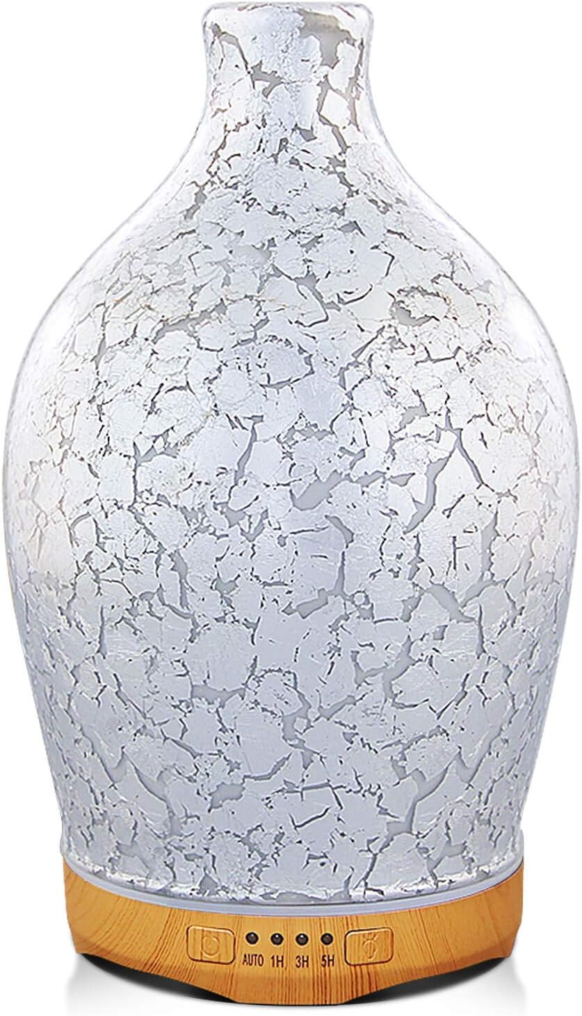 280ml Silver Plated Oil Diffuser, Aromatherapy Ultrasonic Humidifier with Handmade Glass, BPA Free, 7 Color Changing, Waterless Auto-Off, Timer Setting