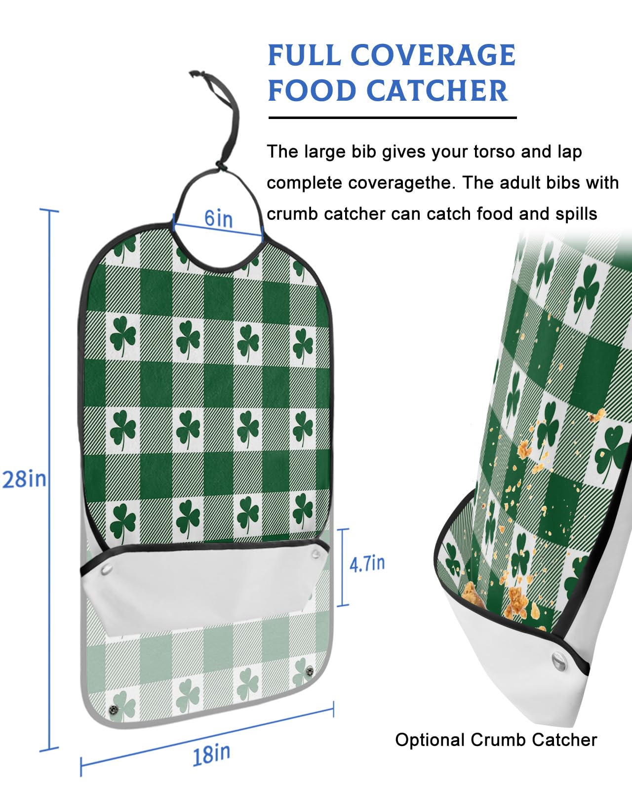 St. Patrick's Day Adult Bibs for Eating, Waterproof Bibs with Food Catcher & Adjustable Snap Closure, Green Buffalo Plaid Lucky Clover Washable Clothing Protectors Adult Bibs for Elderly Women/Men