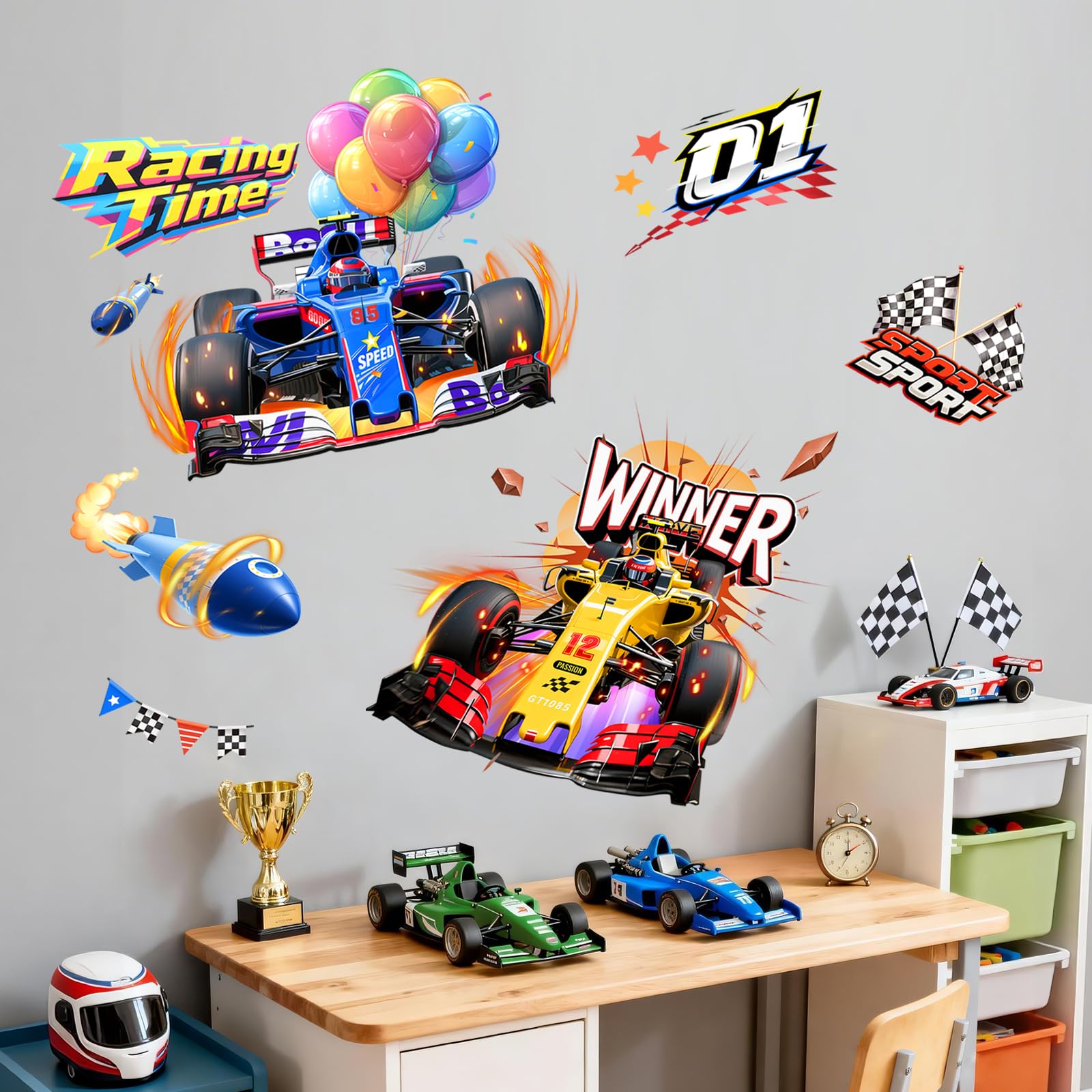 Supzone Large Racing Car Wall Stickers Speeding Racing Car Peel and Stick Wall Art Decals for Boys Kids Bedroom Playroom Decor - Image 3