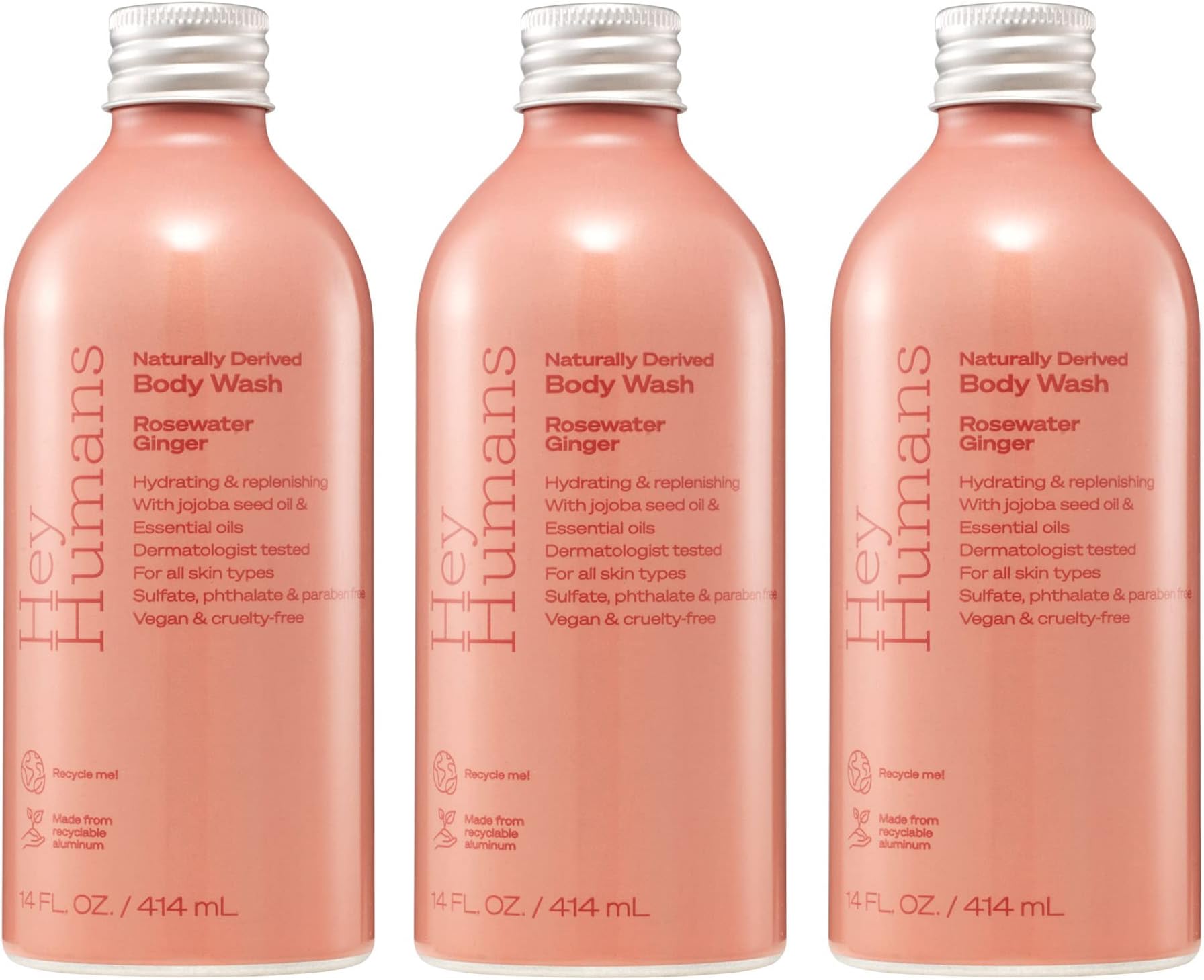 Hey Humans Rosewater Ginger Moisturizing Body Wash with Natural Ingredients & Jojoba Oil | Clean, Vegan, Sulfate Free Bath & Body Wash for Women | Recyclable Bottle, 14 fl. oz. - Pack of 3