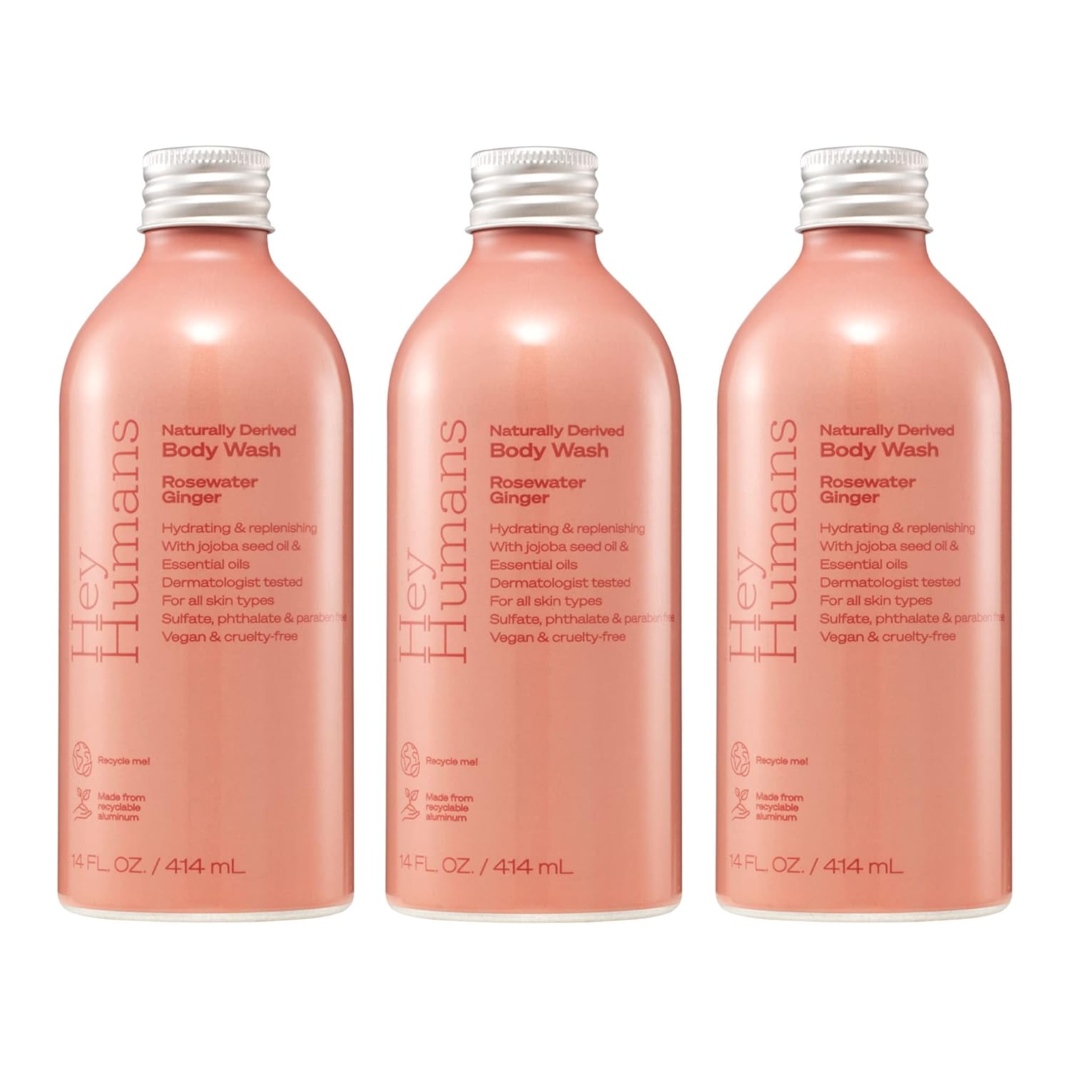 Hey Humans Rosewater Ginger Moisturizing Body Wash with Natural Ingredients & Jojoba Oil | Clean, Vegan, Sulfate Free Bath & Body Wash for Women | Recyclable Bottle, 14 fl. oz. – Pack of 3