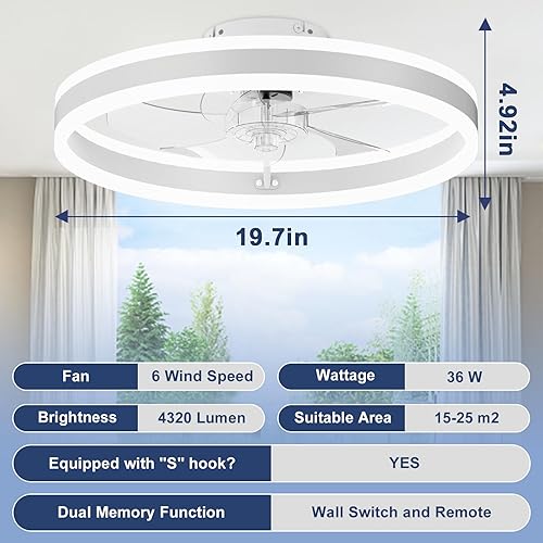 Miniatura 6 de VOLISUN Ventiladores de techo de perfil bajo con luces y control remoto, ventiladores de techo empotrados de 19.7 pulgadas con luz, lámpara LED
