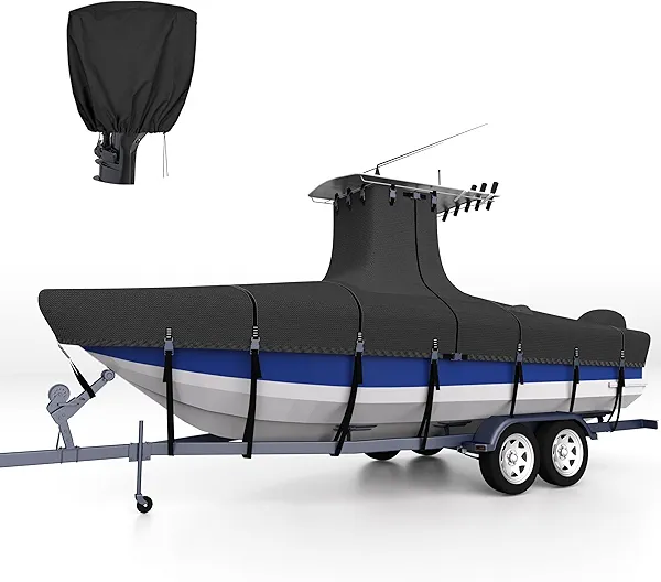 Nukugula Heavy Duty Ture 1200D T-Top Boat Cover 20ft - 22ft with Motor Cover, 100% Waterproof Solution-Dyed Center Console Boat with T Top Roof 20-22 Foot with Upgraded 17 Windproof Straps