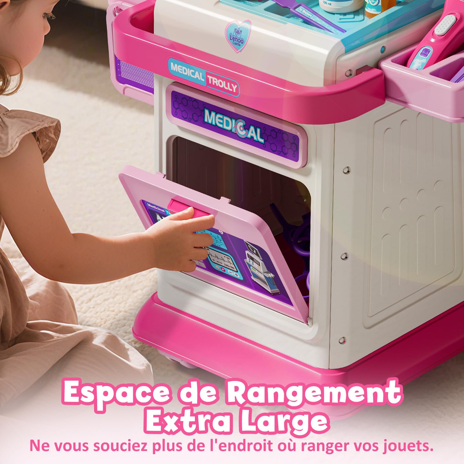 Lehoo Castle Malette Docteur Enfant, Jouet Docteur avec Chariot, Kit de Médecin pour Filles et Garçons 3+ Ans Rose