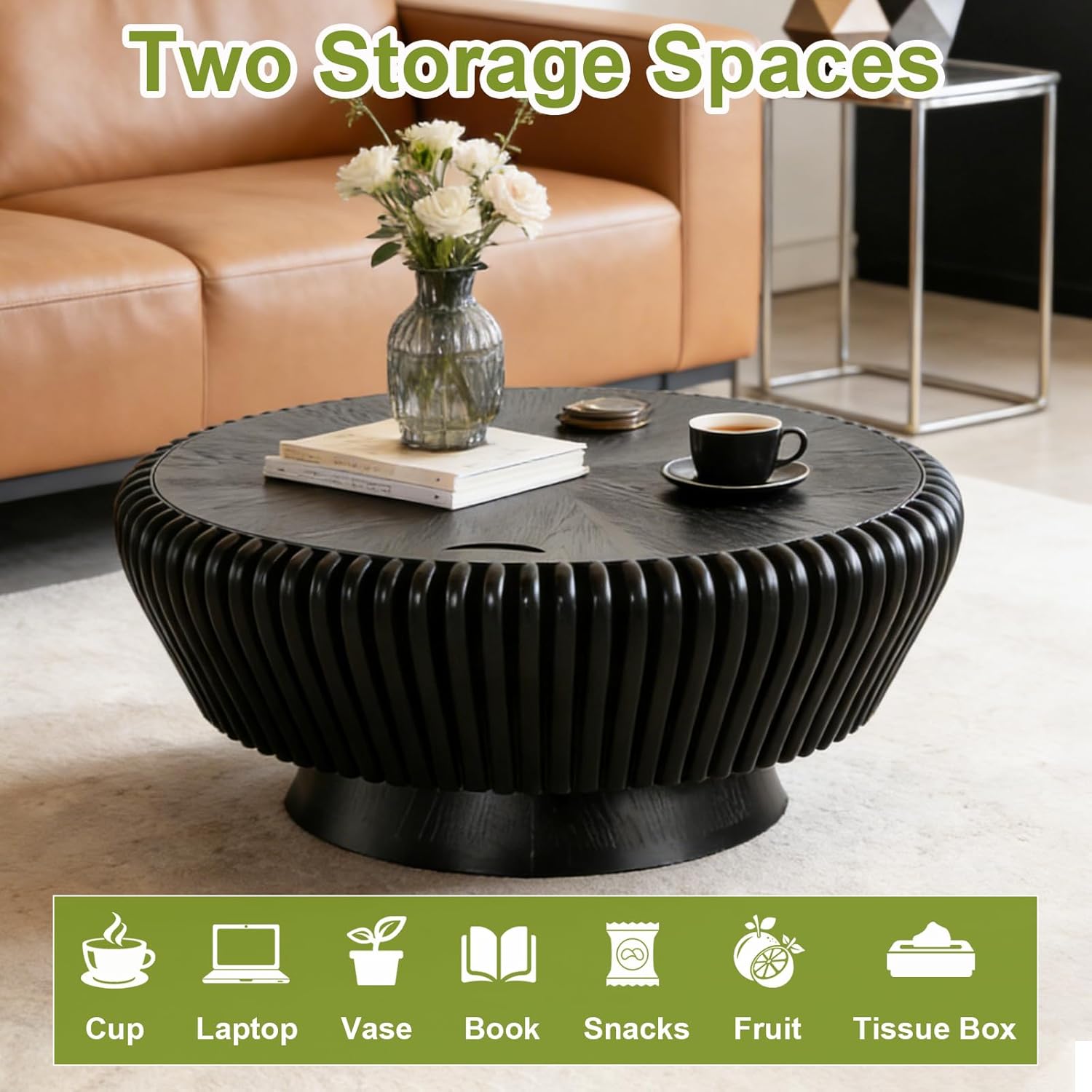 Round Coffee Table with Storage, 35 inch Round Wood Fluted Coffee Table with Storage, Mid Century Modern Low Circle Drum Coffee Tables for Living Room (Black A, 35")