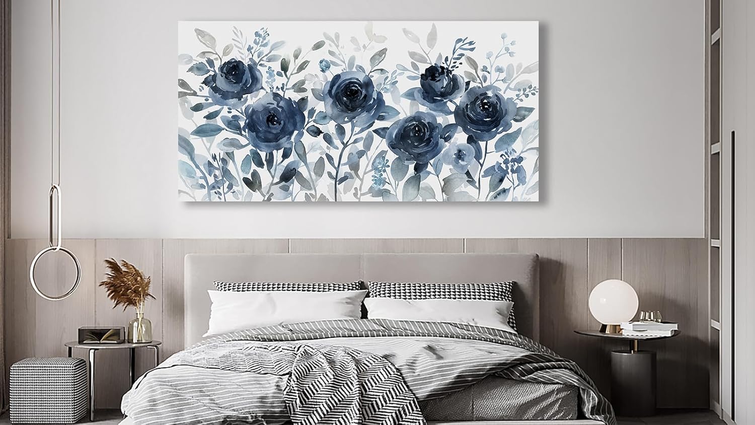 Shoci Large Flowers Wall Art - Indigo Floral Canvas Picture for Living Room Aesthetic Navy Blue Retro Blossom Painting Prints Decor Modern Botanical Artwork Wall Art for Bedroom Decoration 20" X 40"