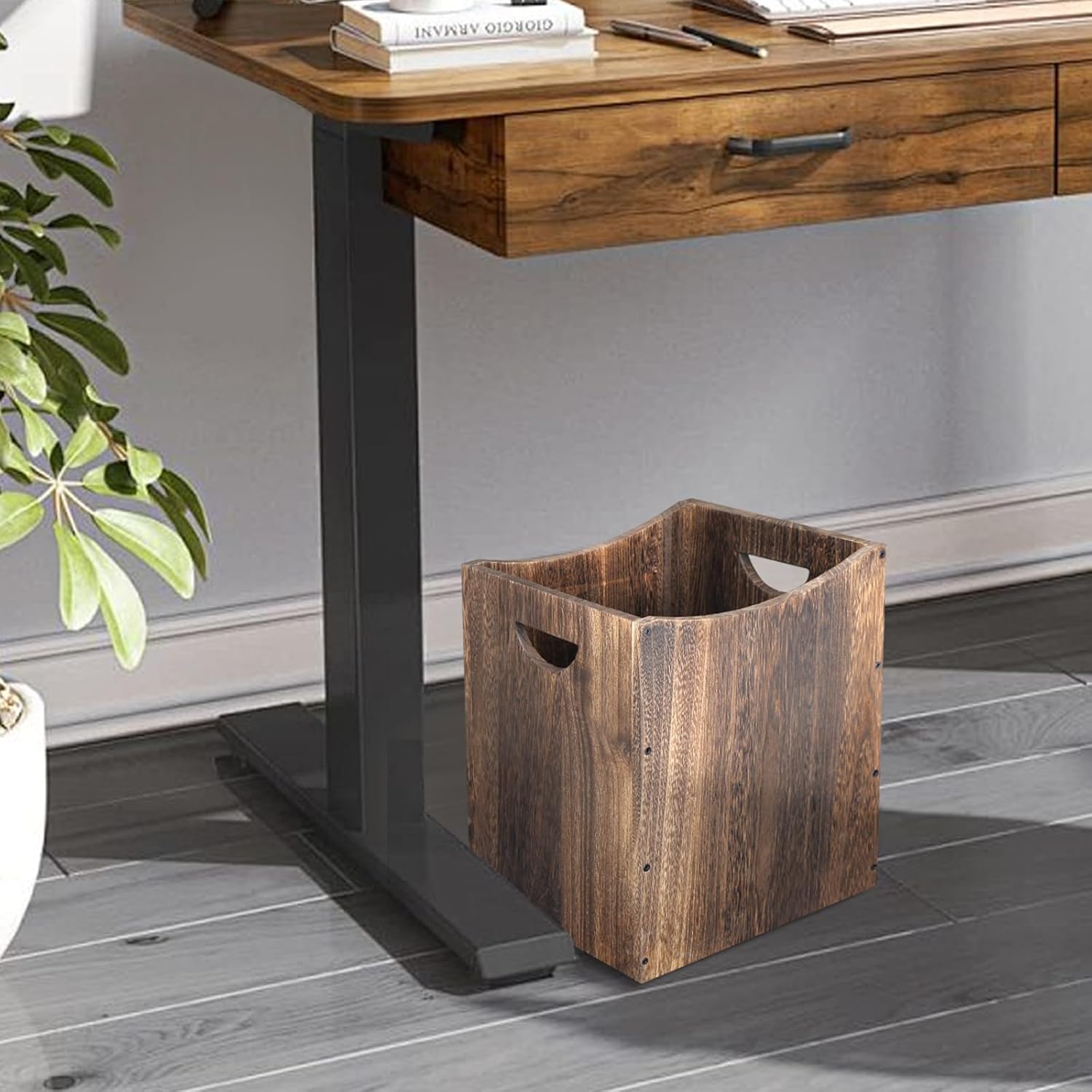 5 Gallon Wooden Trash Can Curved Design Office Waste Basket, Rectangular Farmhouse Garbage Can, Brown Vintage Wood Trash Can Storage Basket With Handles for Bedroom Office Living Room Decorative