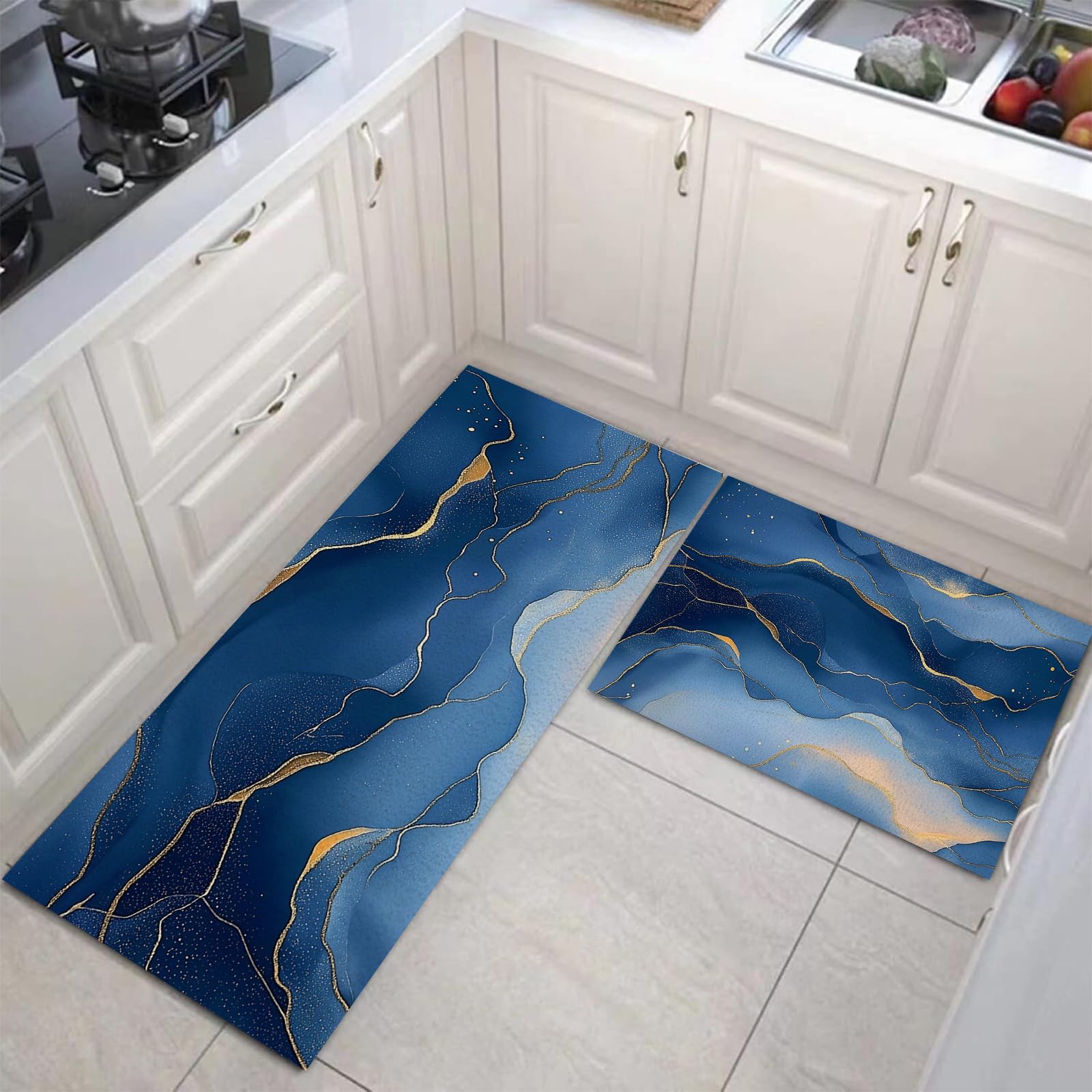 Tapetes de cocina antifatiga MULERN juego de 2 alfombras lavables con diseño de mármol azul