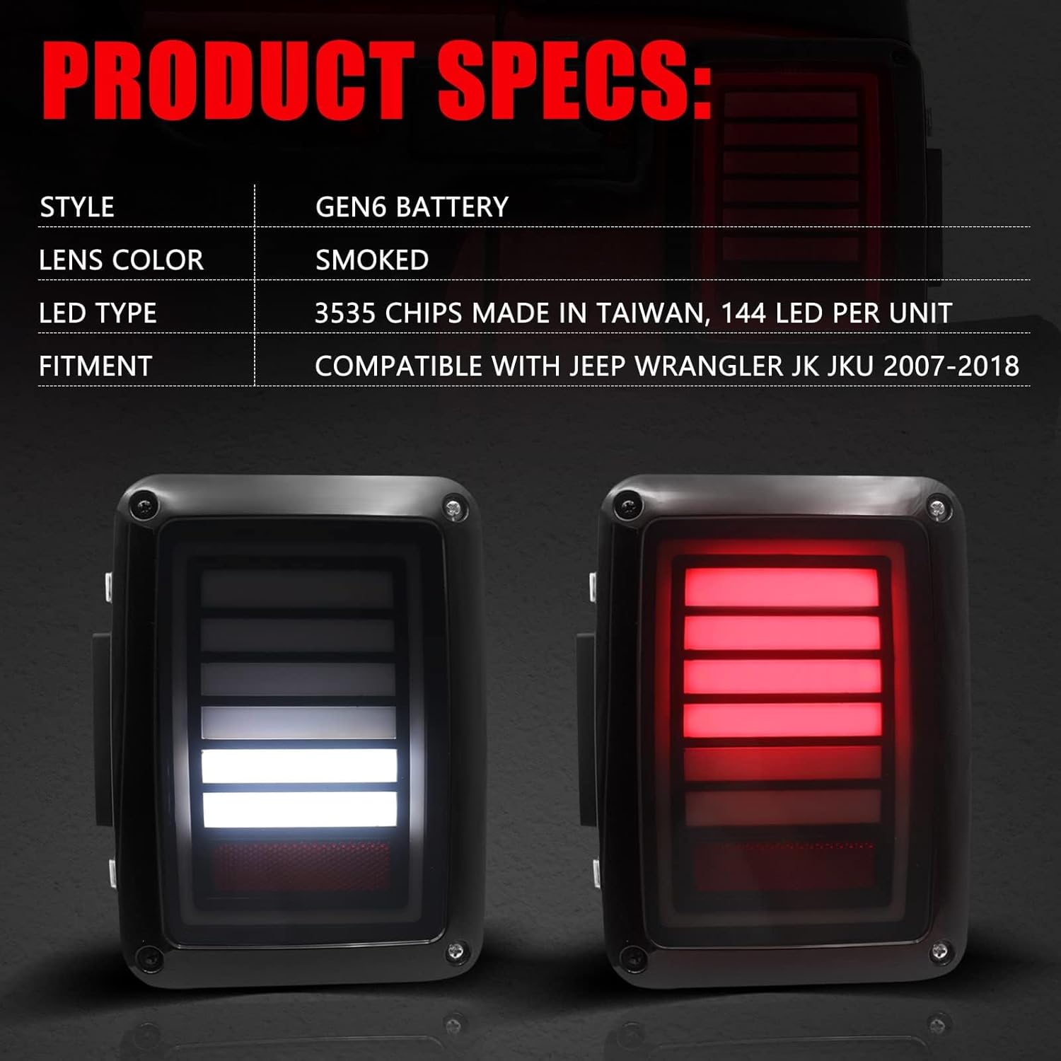 Rear Tail Light for Jeep Wrangler 2007-2018 JK JKU [Smoke Lens] [Plug n Play] LED Brake Lamp Gen6 Smoke