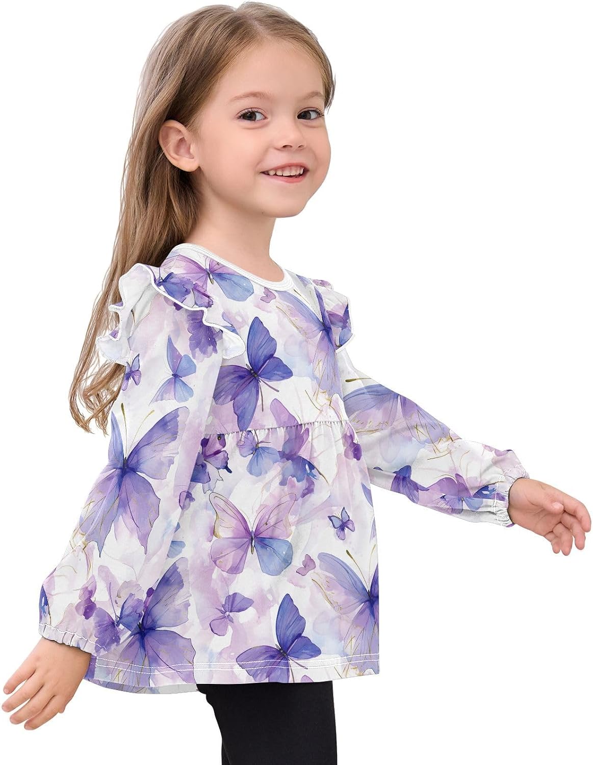 visesunny Toddler Clothes for Girls Purple Watercolor Butterfly Long Sleeve Fall Shirts Cotton Top with Ruffle Collar