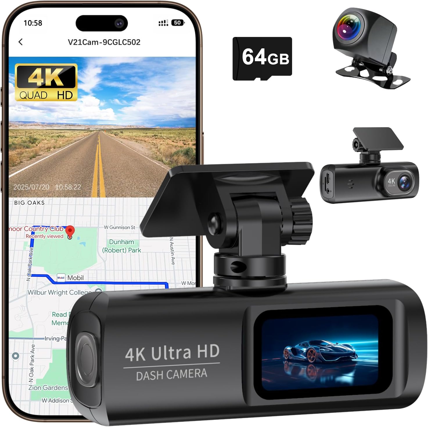 Dash Cam Front and Rear 4K+1080P, Built in WiFi & GPS, Dash Camera for Cars, App Control Car Camera, Dual Dashcams for Car with Night Vision, G-Sensor, 24H Parking Mode, 64GB Card Included