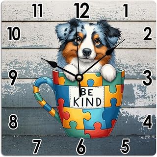 12x12in Australian Shepherd PVC Art Clocks Australian Shepherd Dog in Autism Puzzle Cup Art Clock Silent Non Ticking Battery Operated Puppy Dog Animal for Home Office School