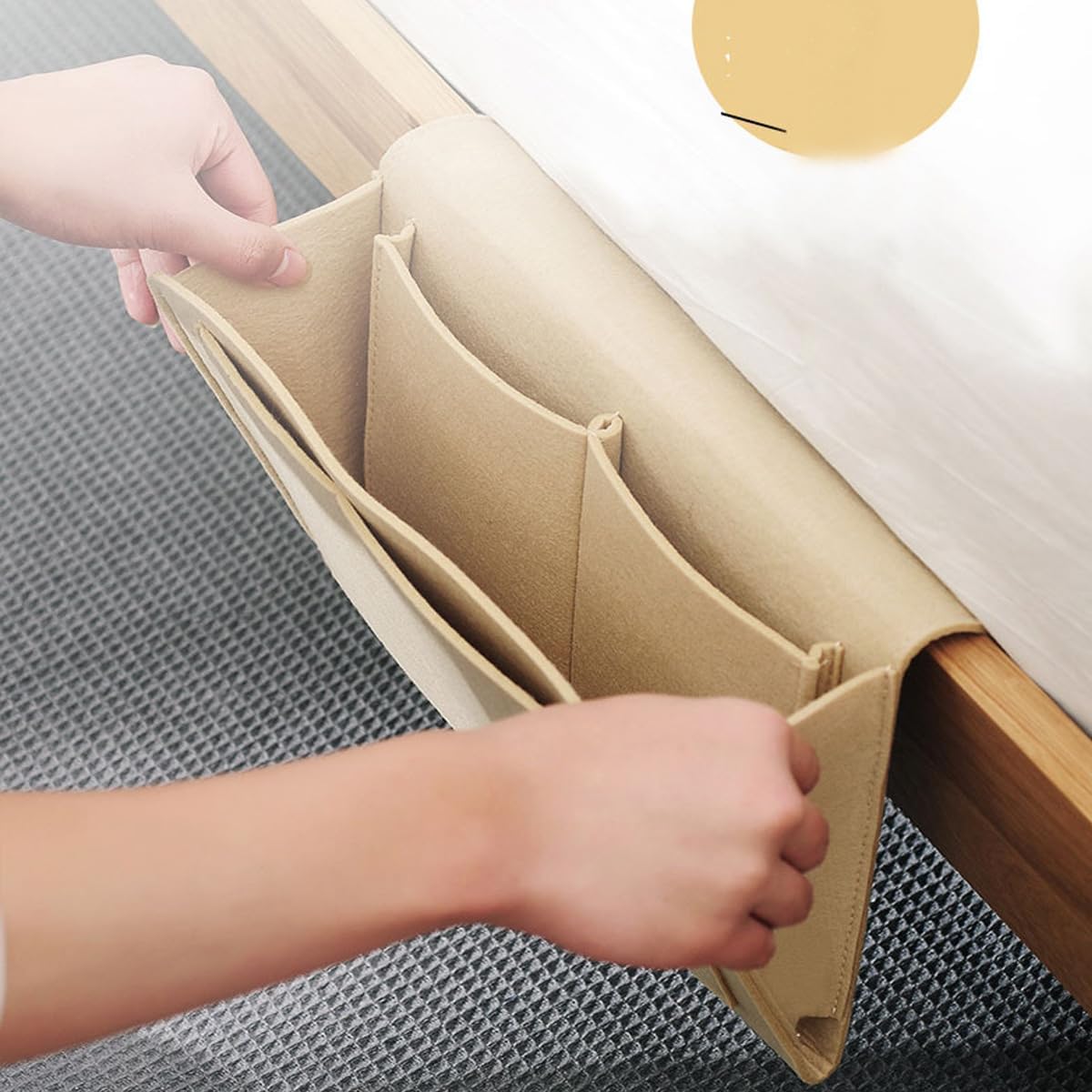 Bringsine 5 Pockets Bedside Caddy, Felt Bed Storage Organizer Hanging Bag Holder for Magazine Book Phone Tablet iPad Cables Remote and Glasses Holder Home Dorm Bed Sofa-Beige