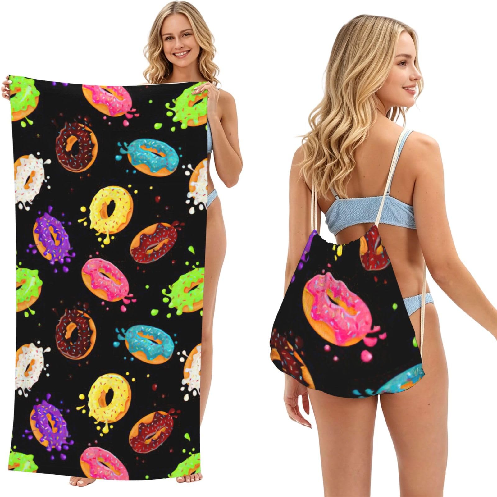 LMNvbz Donut Print 2 In 1 Packable Beach Towel Bag, Quick Dry Backpack Microfiber Mat For Camping, Travel, Vacation, Cruise, And Picnic
