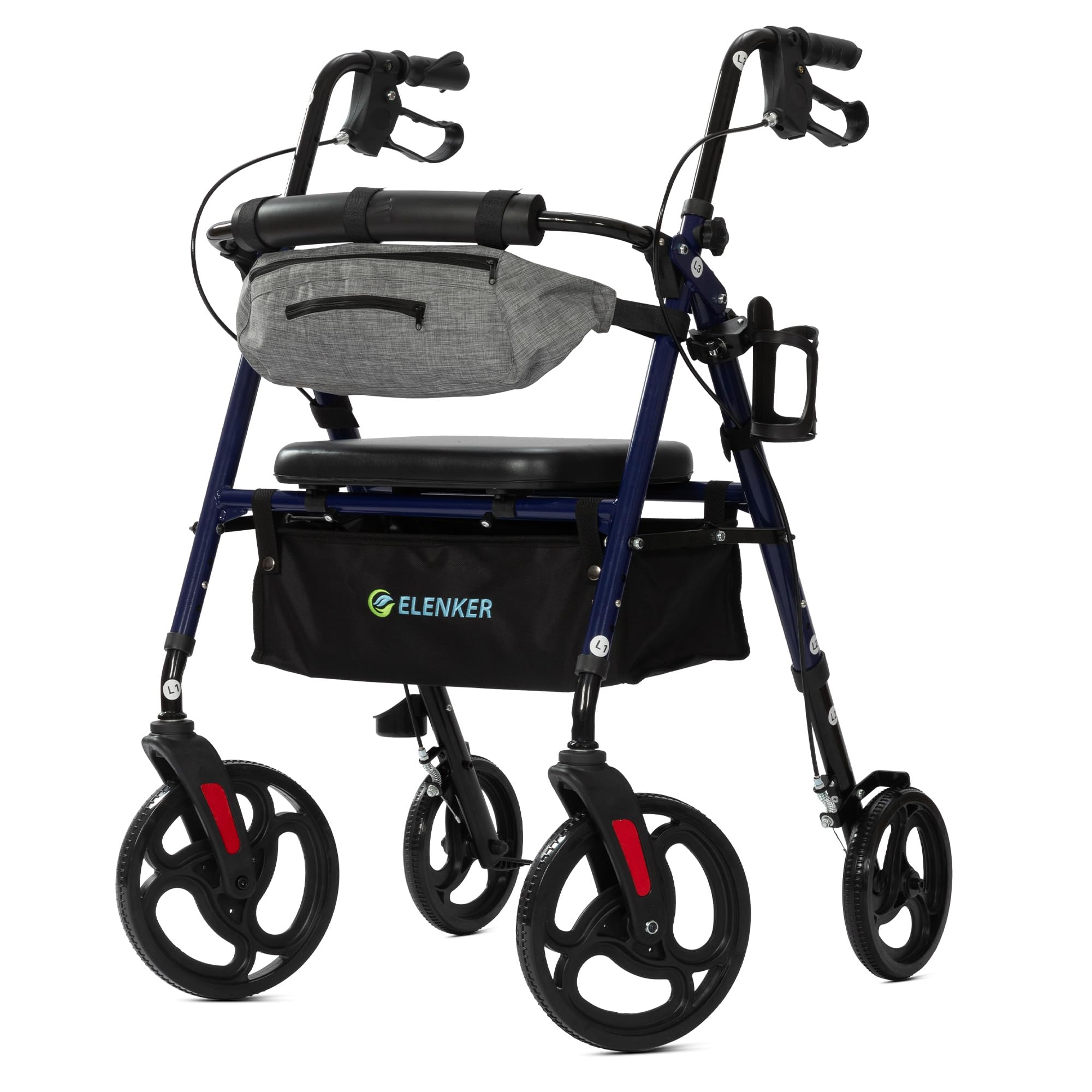 ELENKER Rollator Walker with Front Pouch, 10”Wheels, Sponge Padded Seat and Backrest, Fully Adjustment Frame for Seniors, Blue