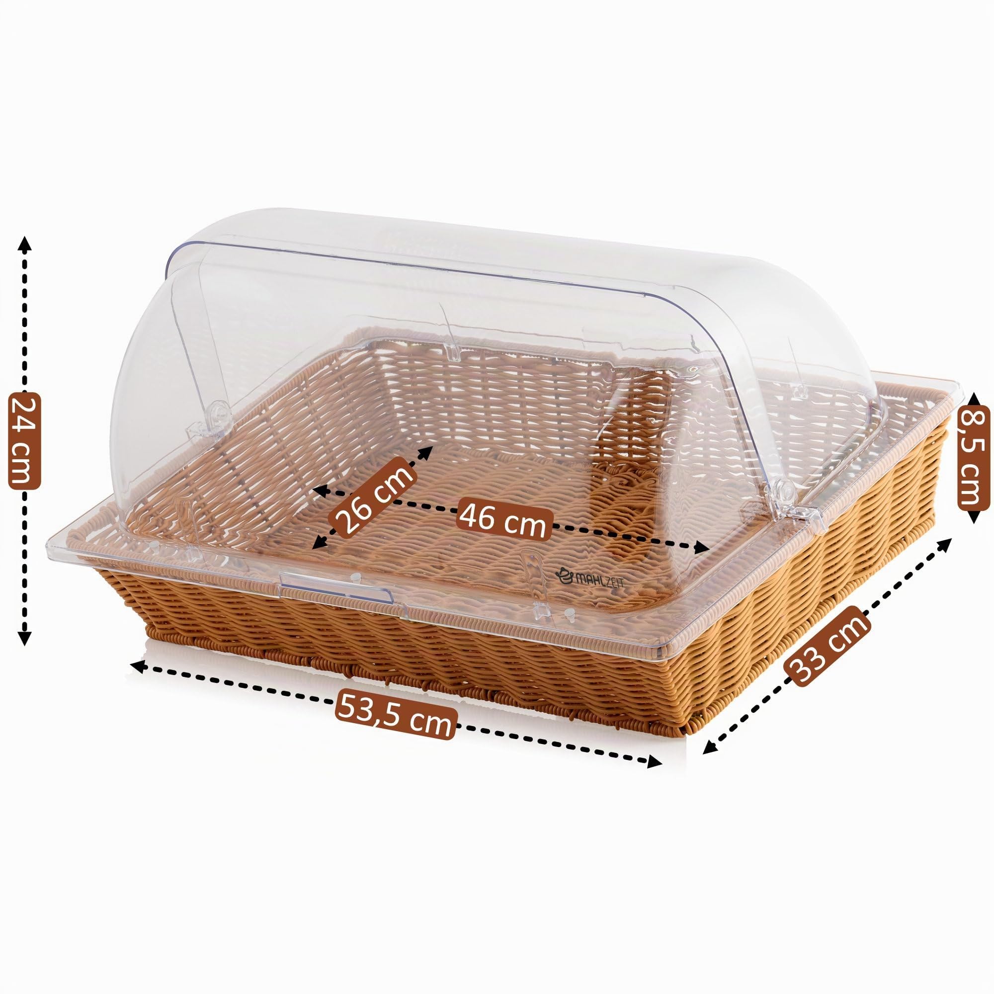 Mahlzeit Rattan Brotkorb mit Deckel | 53,5 x 33 x 25 cm | Brotkasten mit Sichtfenster, Brotkästchen Kunststoff, Buffetvitrine, Backwarentheke, Buffet Zubehör, Brötchenbox, Brotkasten mit Rolldeckel