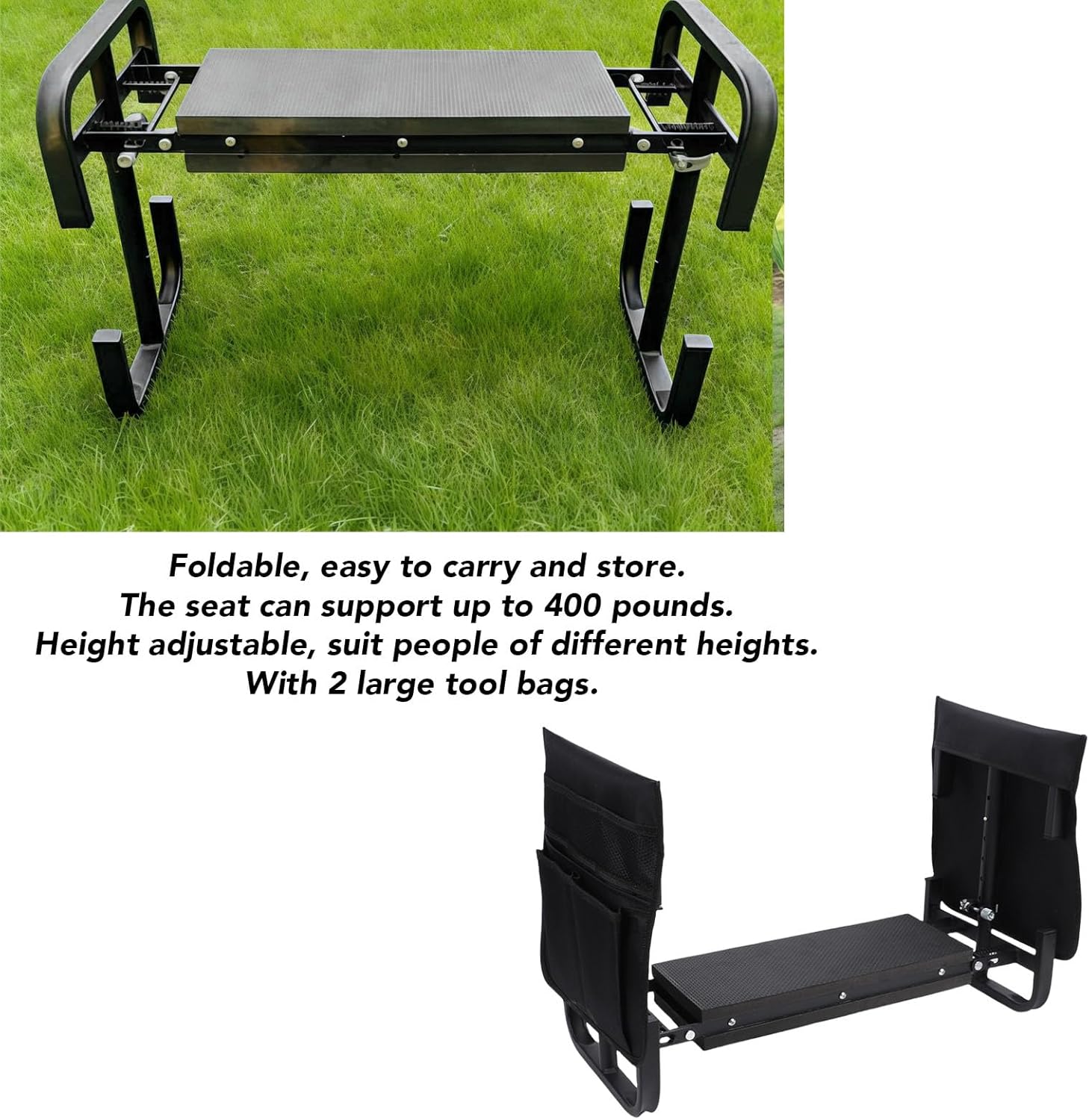Heavy Duty Garden Kneeler and Seat, Foldable Gardening Stool with Tool Belt Pouch, Height Adjustable Kneeling Pad Portable Bench, Ideal for Women & Seniors (Black)
