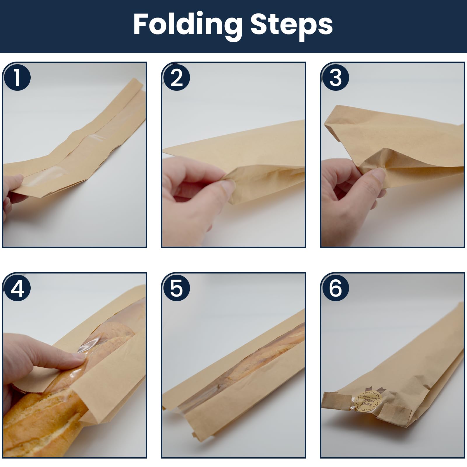 Paquete de 65 bolsas de papel para pan con calcomanías, bolsas largas de pan francés, bolsas de papel kraft con ventana transparente para pan casero y almacenamiento de alimentos horneados