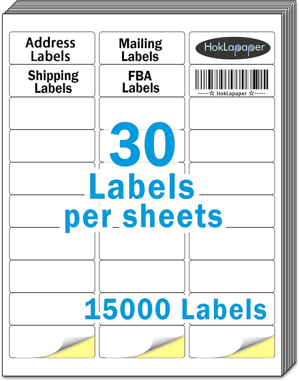 1" x 2-5/8" White Blank Mailing Address Labels, 15,000 Sticker Labels (500 Sheets), Laser/Inkjet Printer Compatible, Permanent Adhesive