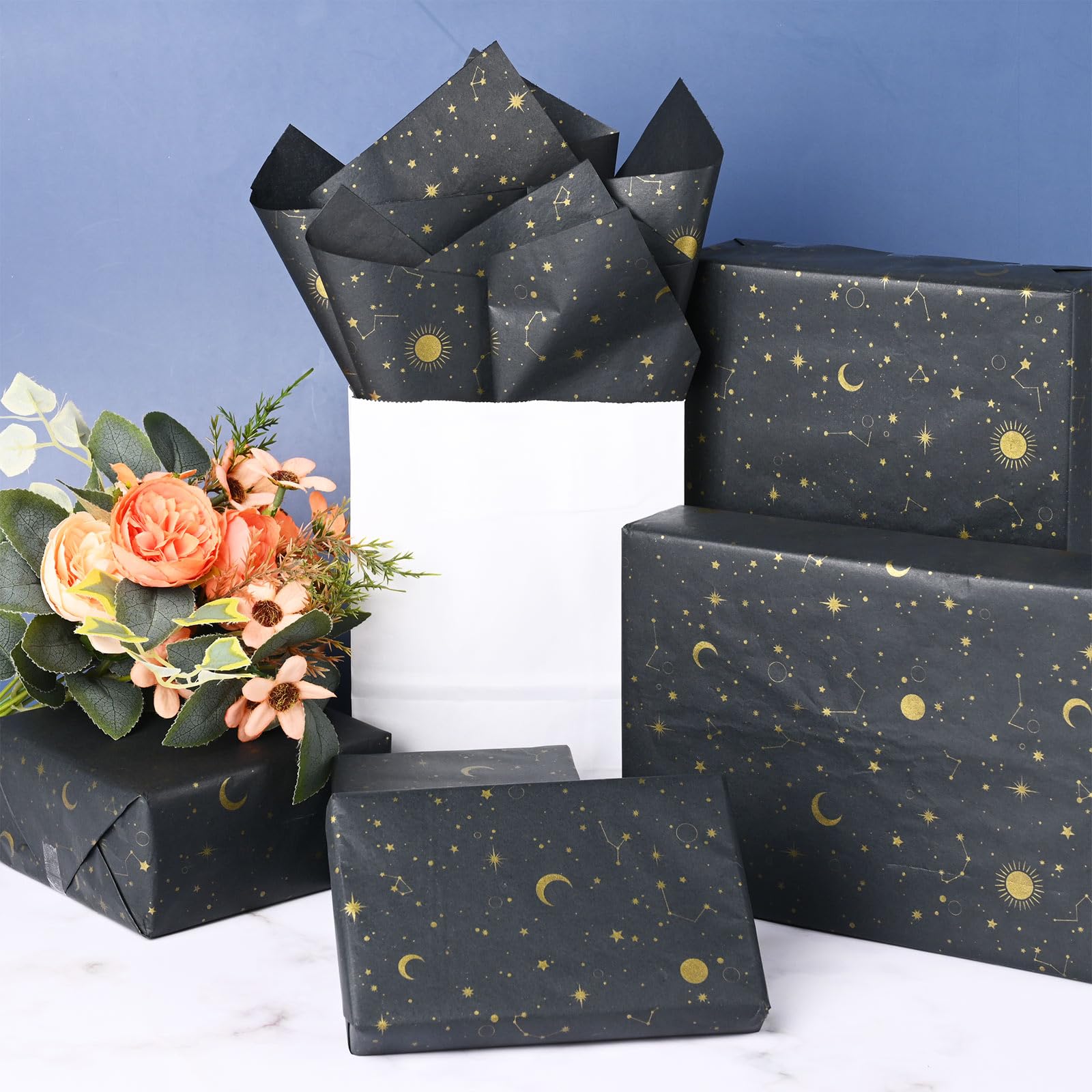 MR FIVE 30 Sheets TSF6 Large Graduation Tissue Paper Bulk,20" X 28"Metallic Gold Black Graduate Cap Diploma Patterned Tissue Paper Graduation Par