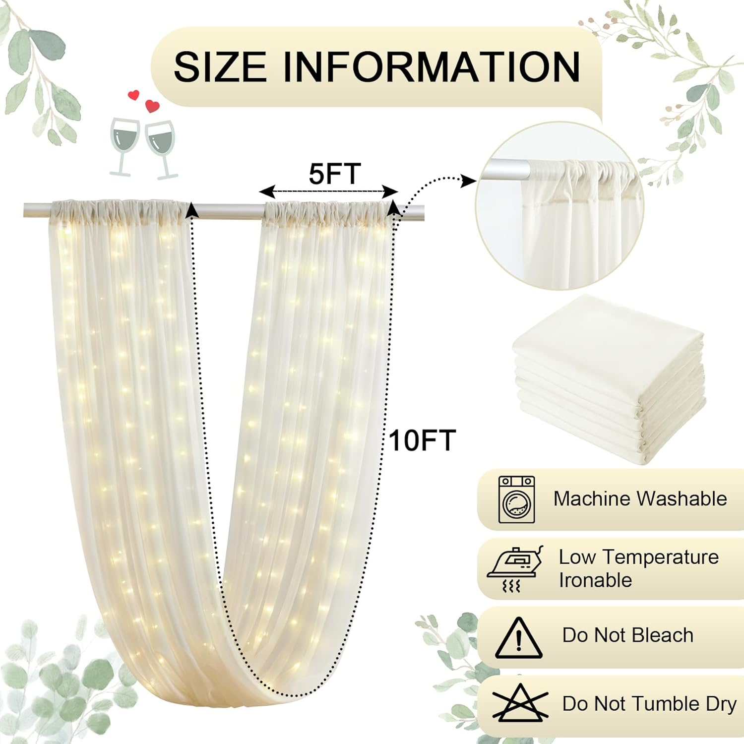 Ivory Ceiling Drapes with Lights String for Weddings, 6 Panels 5ftx10ft Sheer Tulle Backdrop Photo Background Drapes for Wedding Ceremony Birthday Party Arch Decoration