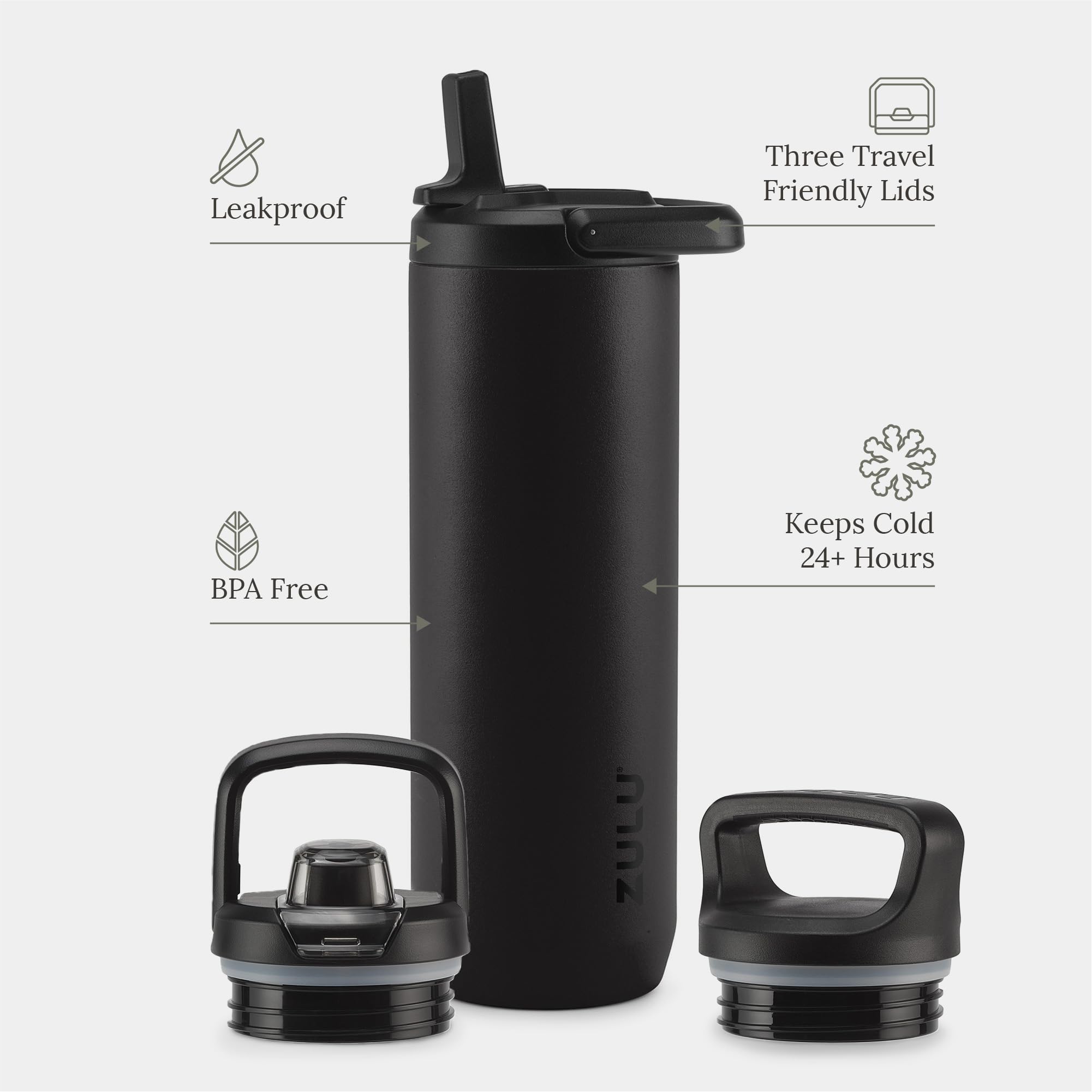ZULU Base - Botella de agua de acero inoxidable de 24 onzas con 3 tapas, pajilla, chug, giratoria, termo de metal de doble pared y aislamiento al vacío, se adapta al portavasos de automóvil, con asa
