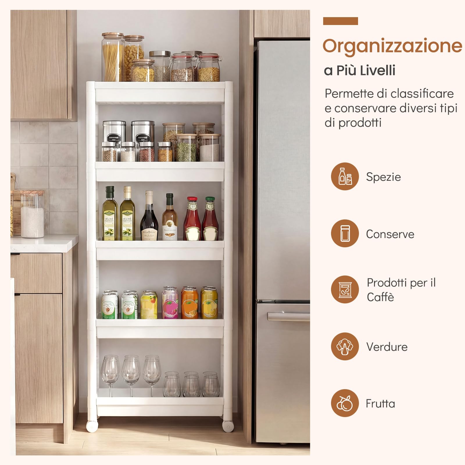 COSTWAY Carrello di Stoccaggio con Vassoi, Organizzatore da Bagno a Ripiani Aperti con Maniglie e Ruote, Carrello Sottile Salvaspazio per Cucina Lavanderia e Ufficio (5 ripiani,Bianco)