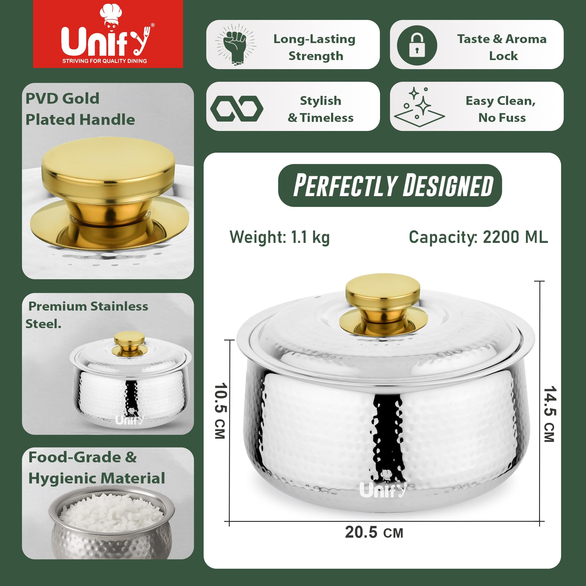 Unify Inox Stainless Steel Insulated Casserole Hot Pot 1600 ML with PVD Gold Plated Handle | Hammered Finish Roti Server & Chapati Box | Food-Grade BPA Free | Keeps Food Fresh (Silver) 1