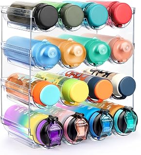 Water Bottle Organizer, 4 Packs Stackable Plastic Water Bottle Cup Holder, Wine/Drink/Water Bottle Storage Stand for Kitchen Countertop, Cabinet, Freezer, Pantry, Office, Total Holds 16 Containers