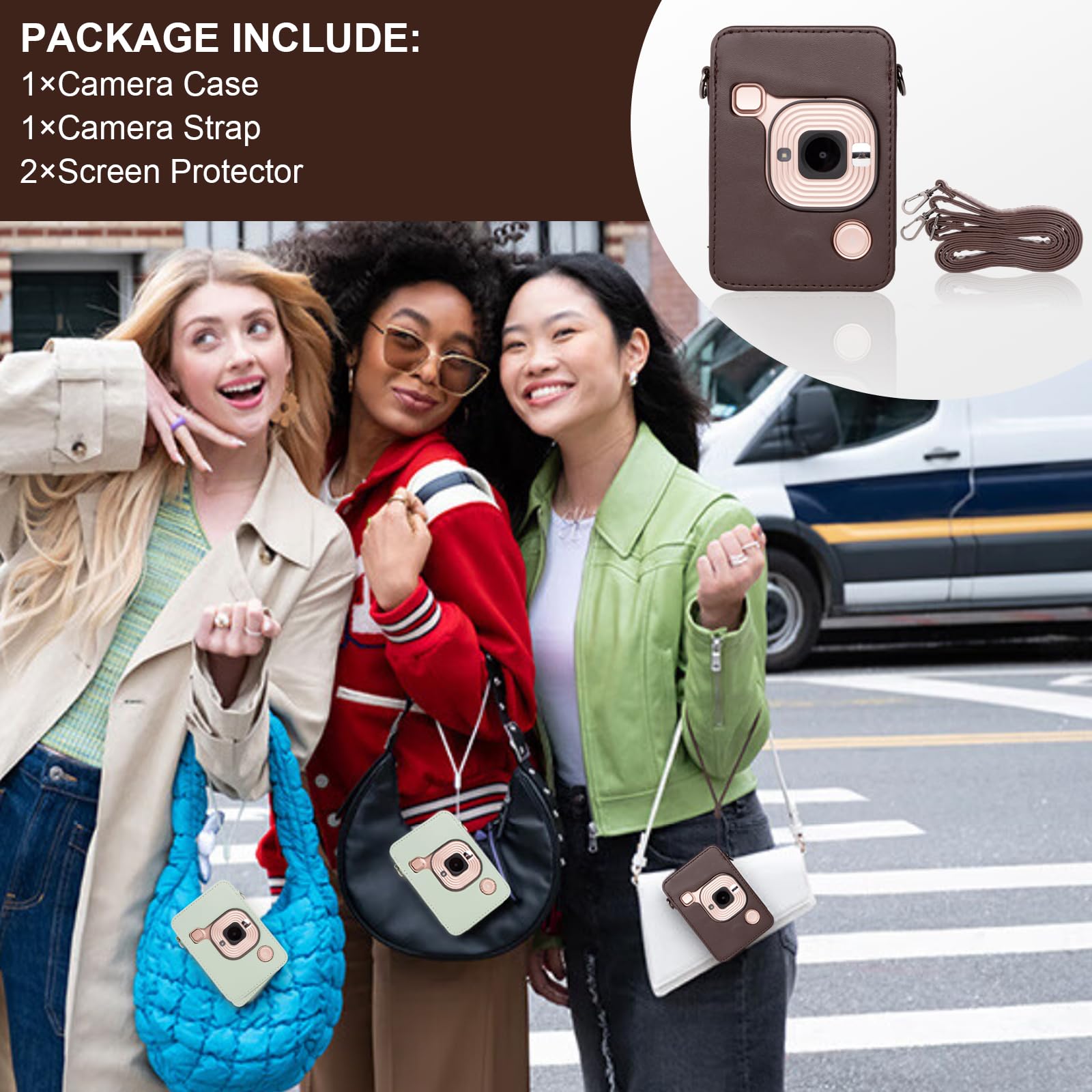 VOVMOEYA Protective Case for Instax Mini Liplay PU Camera Case for Fuji instax mini liplay Hybrid Instant Camera with 2 LCD Tempered Films with Adjustable Neck Strap Quick Detachable-Deep Bronze - Image 4