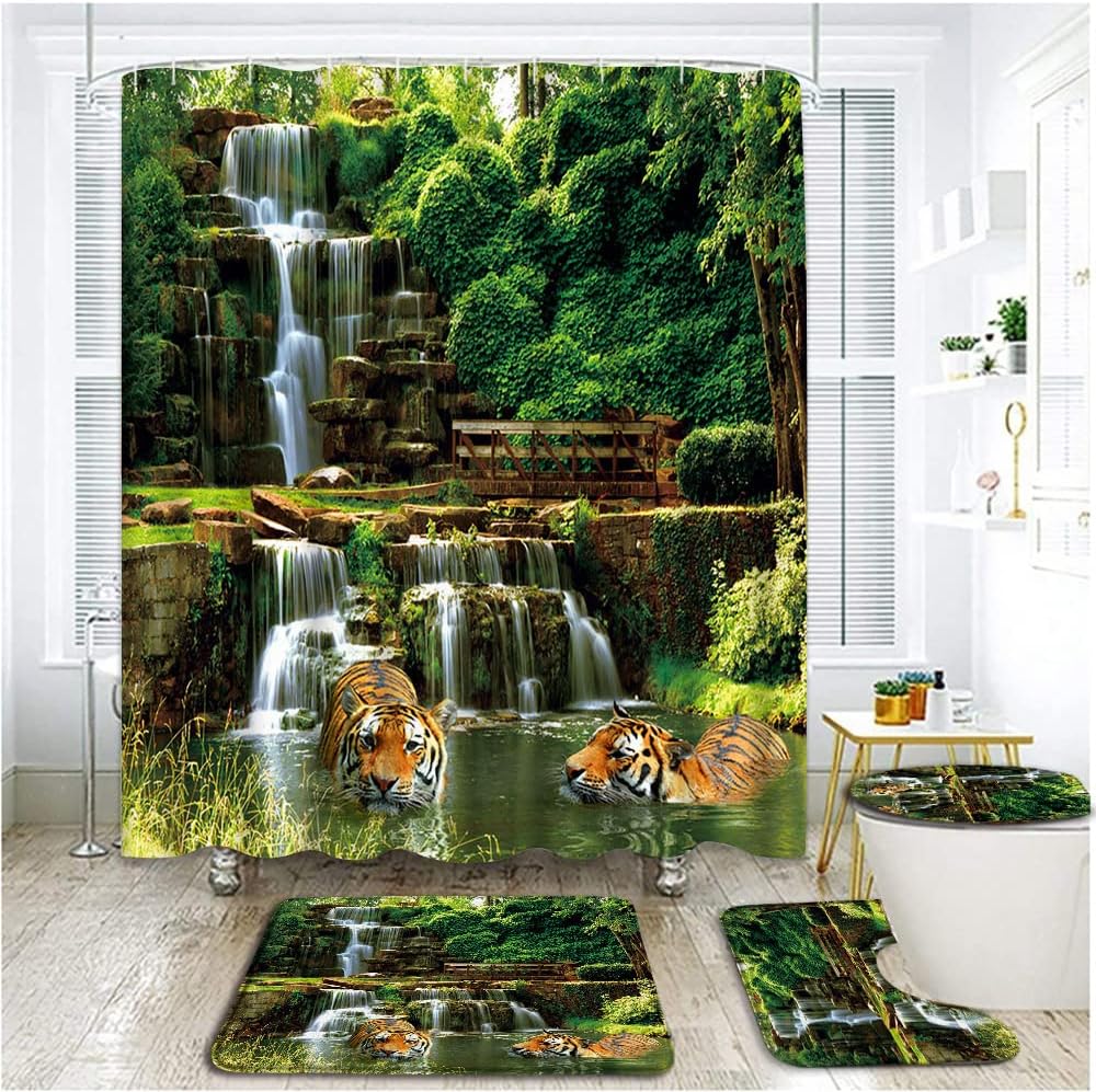 4 Pcs Forest Waterfall Shower Curtain Sets with Bath Mat Spring Scenic Tiger Nature Scenery Green Tropical Rainforest Jungle Wild Animal Non-Slip Bathroom Rugs Toilet Lid Cover U Shape 12 Hook
